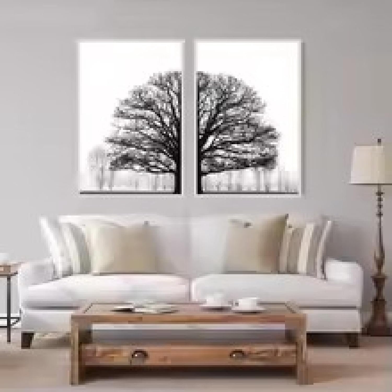 Zwart-witte winterboom print op canvas XXL, muurkunstdruk, schilderijen, plantenafbeeldingen, Scandinavische bomen, posters, woondecoratie, 70 x 100 cm x 2, niet ingelijst