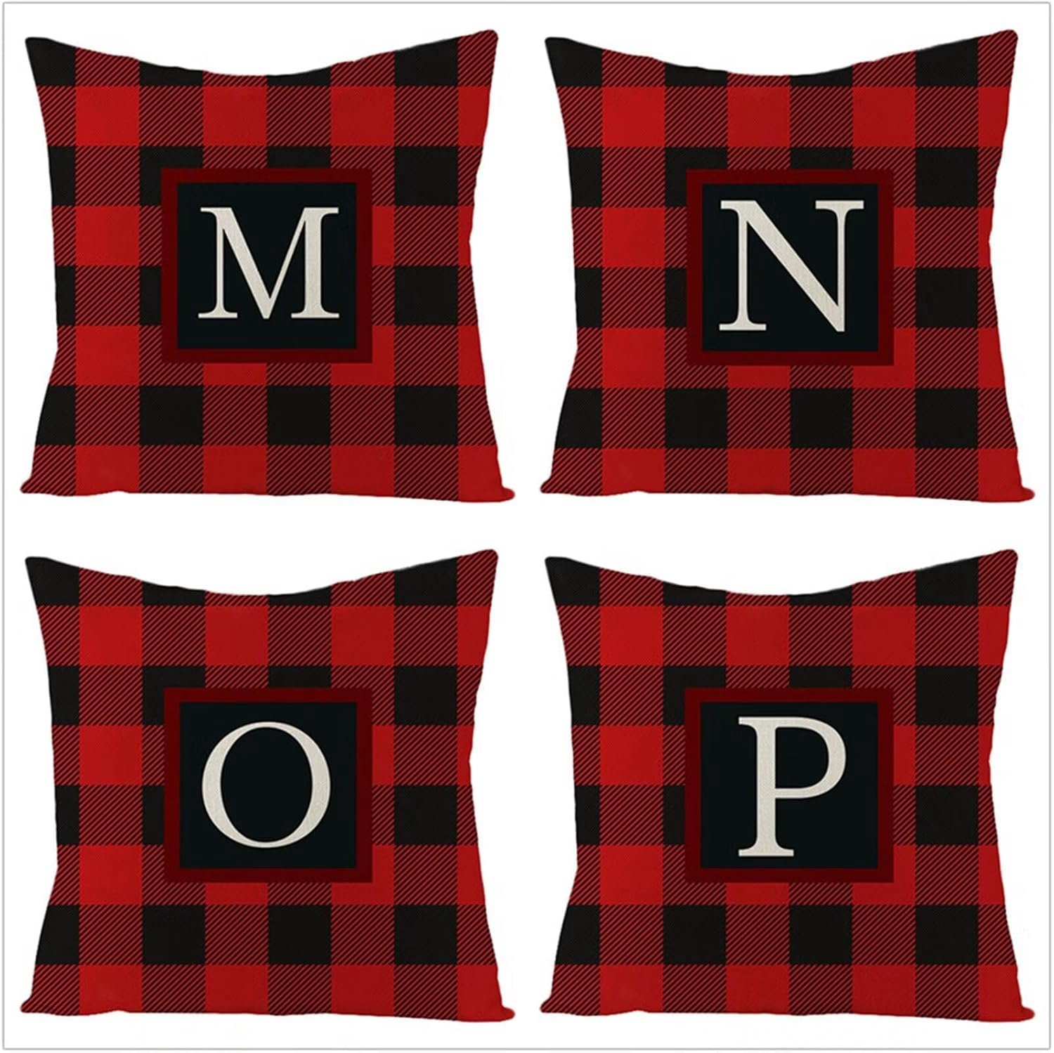 Buitenkussens 50 x 50 cm, zwart rood geruite tuinkussens 50 x 20 inch, fluwelen zachte kussenhoes voor buiten met onzichtbare rits voor sofa stoel woonkamer, set van 4