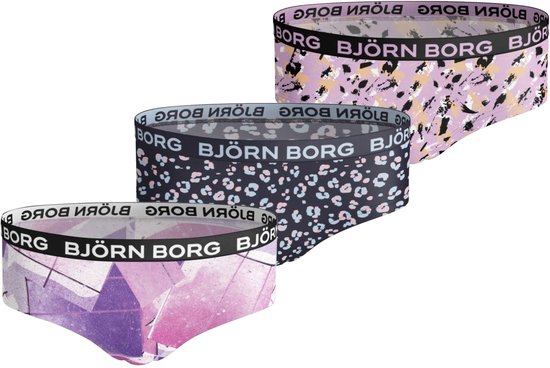 Drie Björn Borg hipster onderbroeken voor meisjes met elastische tailleband met logo in roze, zwart en paarse prints.