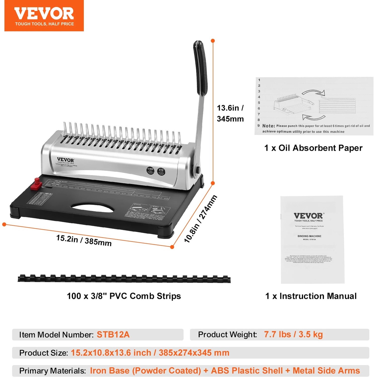 ArtiZo Inbindmachine - perforator - voor A4, A5 en letterformaat - instelbare randgeleiders en marges - tot 21 gaten en 12 vellen, inbinden tot 450 vel