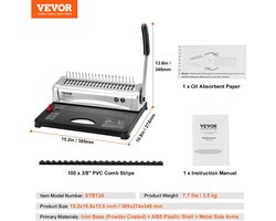 ArtiZo Inbindmachine - perforator - voor A4, A5 en letterformaat - instelbare randgeleiders en marges - tot 21 gaten en 12 vellen, inbinden tot 450 vel