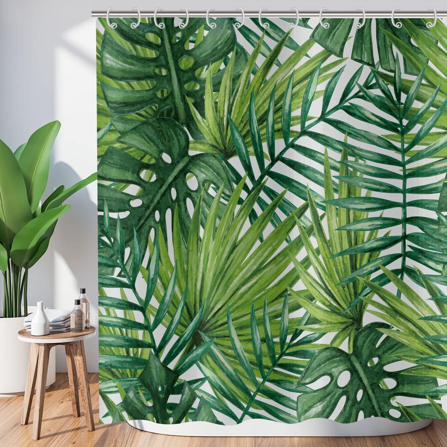 Douchegordijn met tropische bladeren, groene palmbladeren douchegordijnen met jungleplant botanische badkamergordijnen met haken, waterdichte polyesterstof, wasbare douchegordijnen voor natte