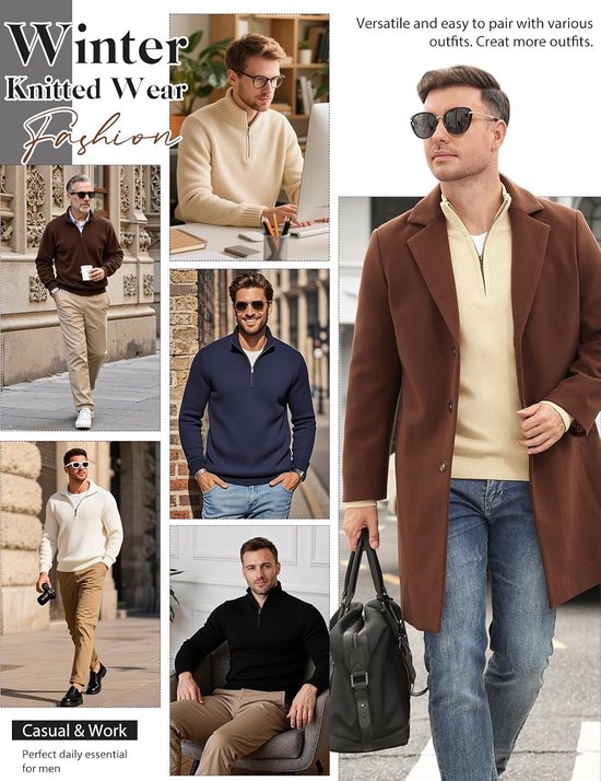 Voqeen Herentrui met halve rits en lange mouwen, gebreide wintertrui met ritssluiting, rolkraag, solide warme werktrui, sweater voor mannen — afbeelding 5