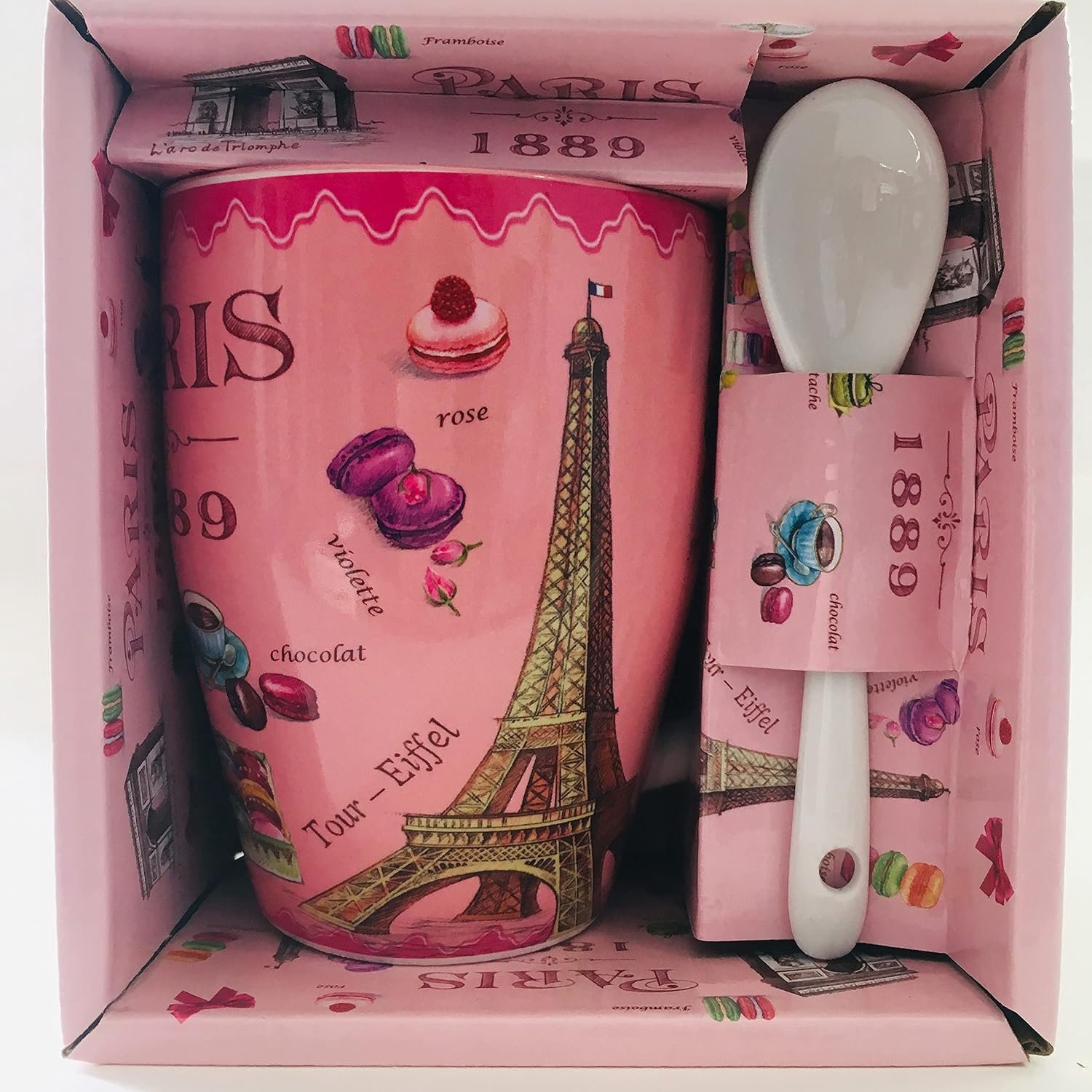 Mok Eiffeltoren en Bezienswaardigheden uit Parijs - Motief Macarons de Parijs - Medium Grootte 10,5 cm Met Lepel - Helder Roze - Glanzend