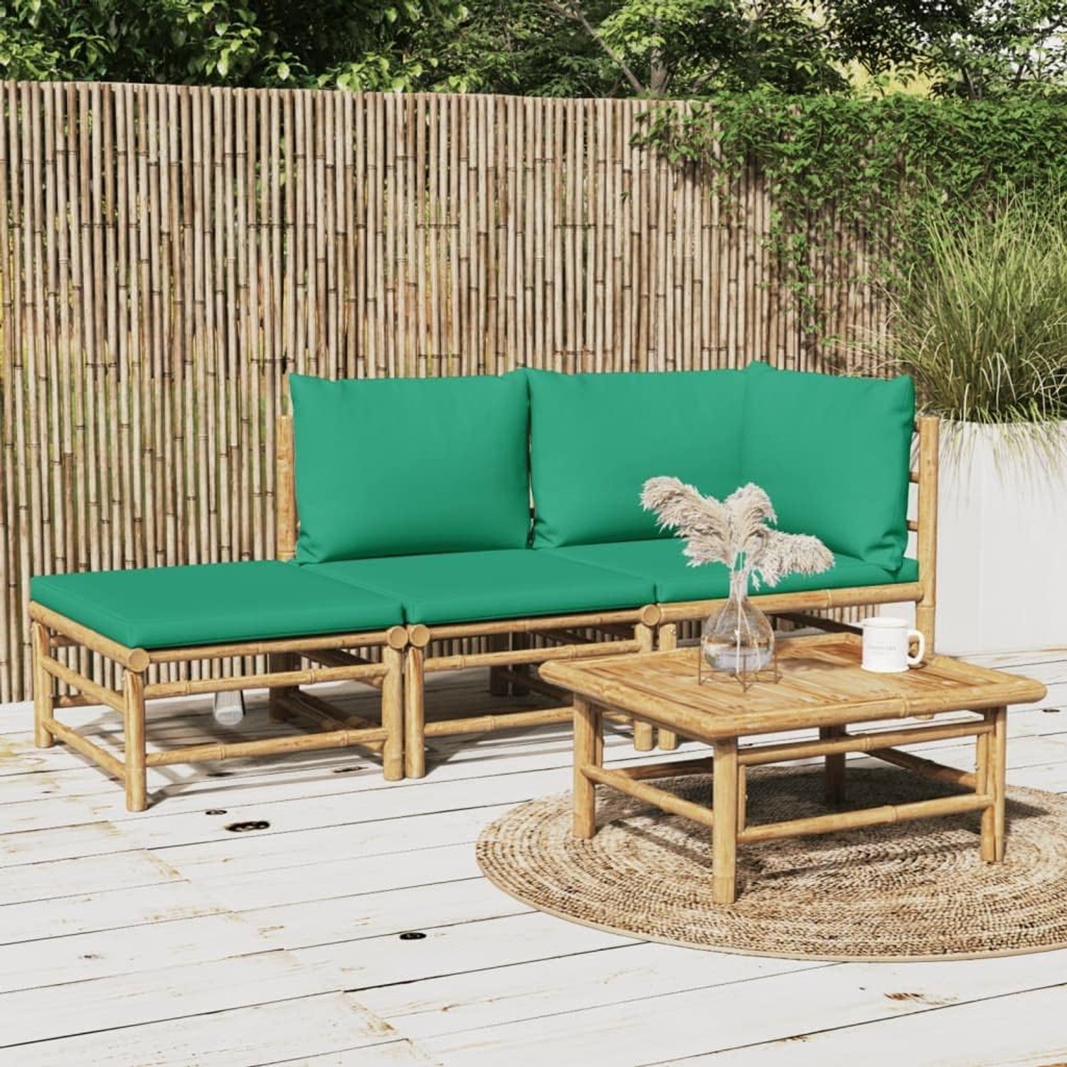 Balkonmeubelset tuin-loungemeubelen tuinmeubelsets 3-delig. Tuinloungeset met groene kussens bamboe voor tuin, terras en balkon