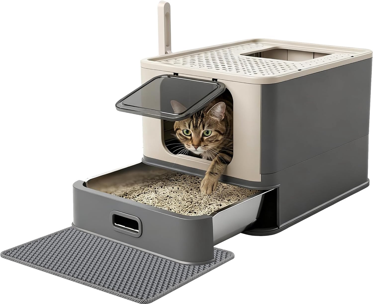 Pakeway roestvrijstalen kattenbak, gesloten met 2 ingangsopties, groot hygiënisch kattentoilet, geurloos, inclusief schep en mat voor alle rassen, ruimtebesparend, opvouwbaar tot 15 cm