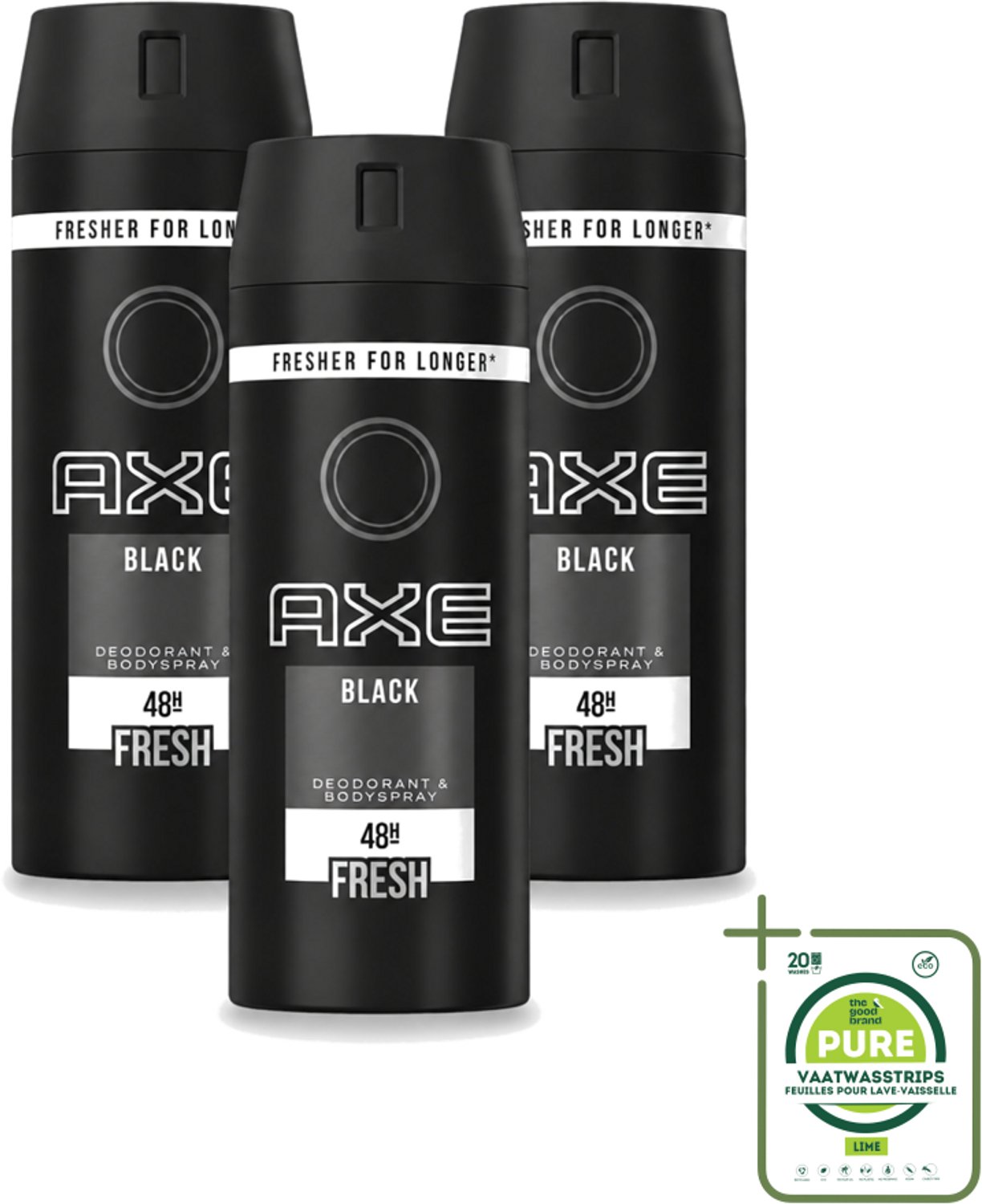 3 x Axe - Deodorant Bodyspray - 48hrs Fresh - Black - 150 ml - Grootverpakking - Axe Deo - Zweetgeur - Bodyspray - Anti-transpirant - Sandelhout