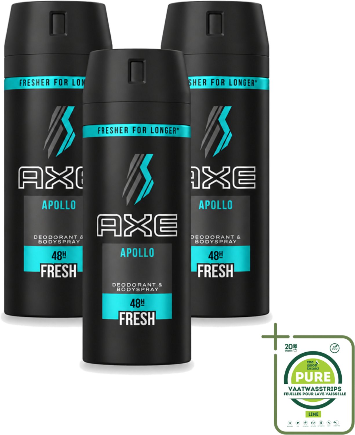 3 x Axe - Deodorant Bodyspray - 48hrs Non Stop Fresh - Apollo - 150 ml - Grootverpakking - Vaatwasstrips - Deodorant Sprayer - Frisse Geur - Lichaamsgeur Bescherming - Zelfvertrouwen - Energie