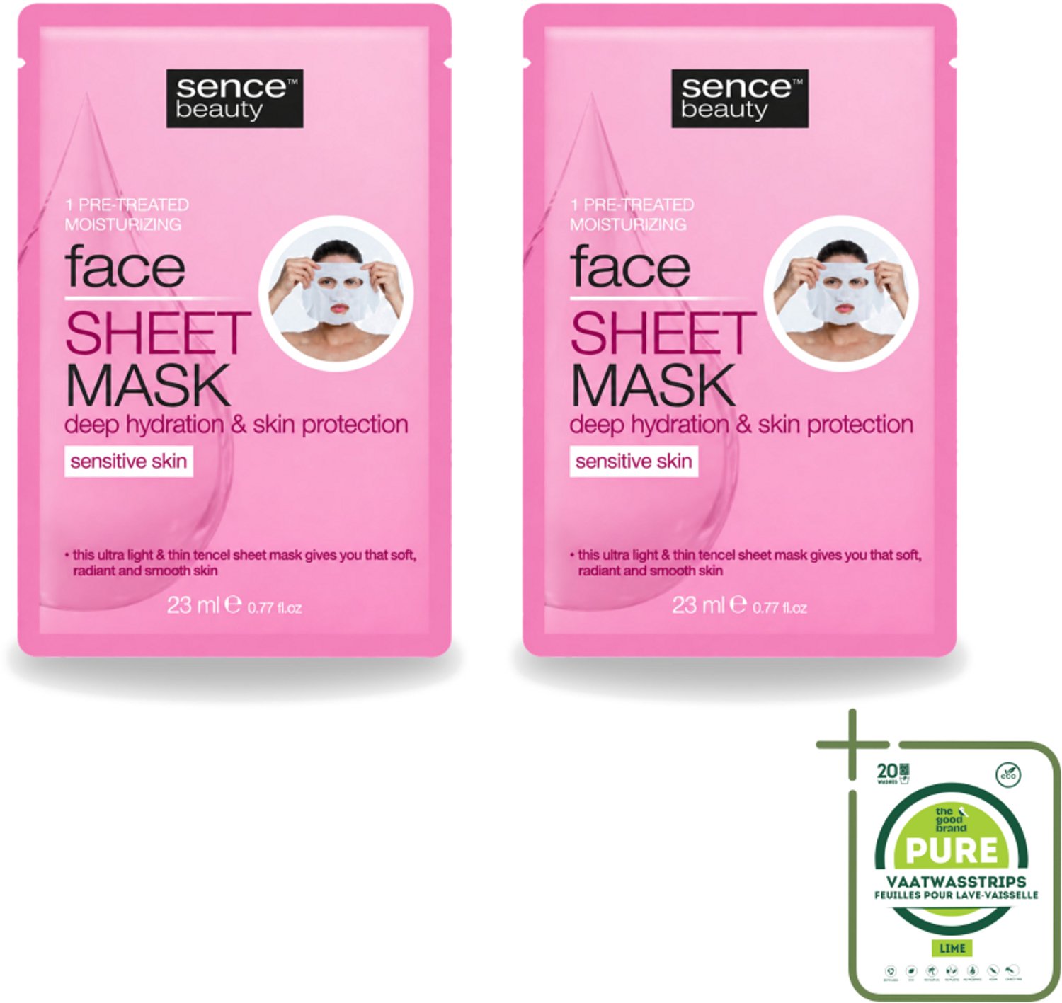 2 x Sence - Tencel - Gezichtsmasker - Hydraterend - 1 Gezichtsmasker - Grootverpakking - Vaatwasstrips - Gezichtsverzorging - Gezichtsmasker - Hydraterend Masker - Tencel Masker - Huidverzorging