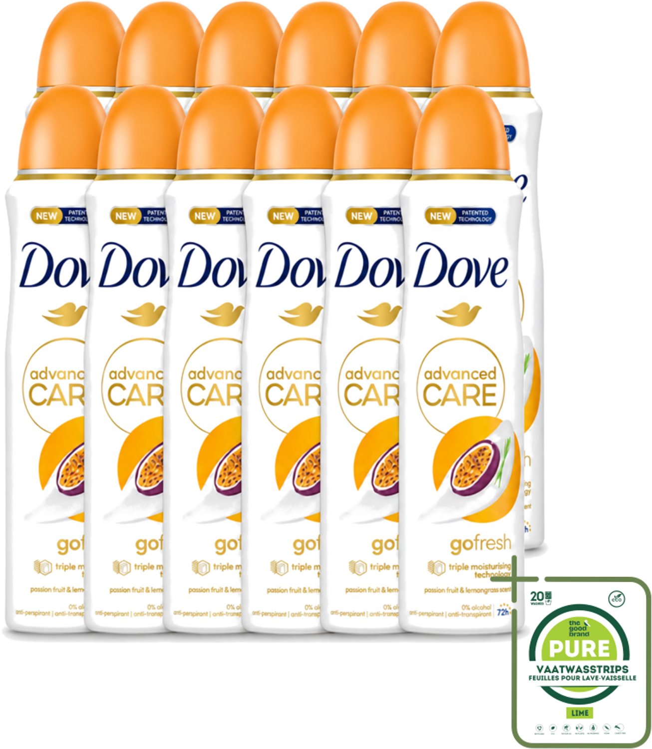 12 x Dove – Deodorant Spray – Passion Fruit – 250 ml - Grootverpakking - Vaatwasstrips - Passievrucht Deodorant - Frisse Geur - Oksel Verzorging - Transpiratiegeur - Mild Voor Huid