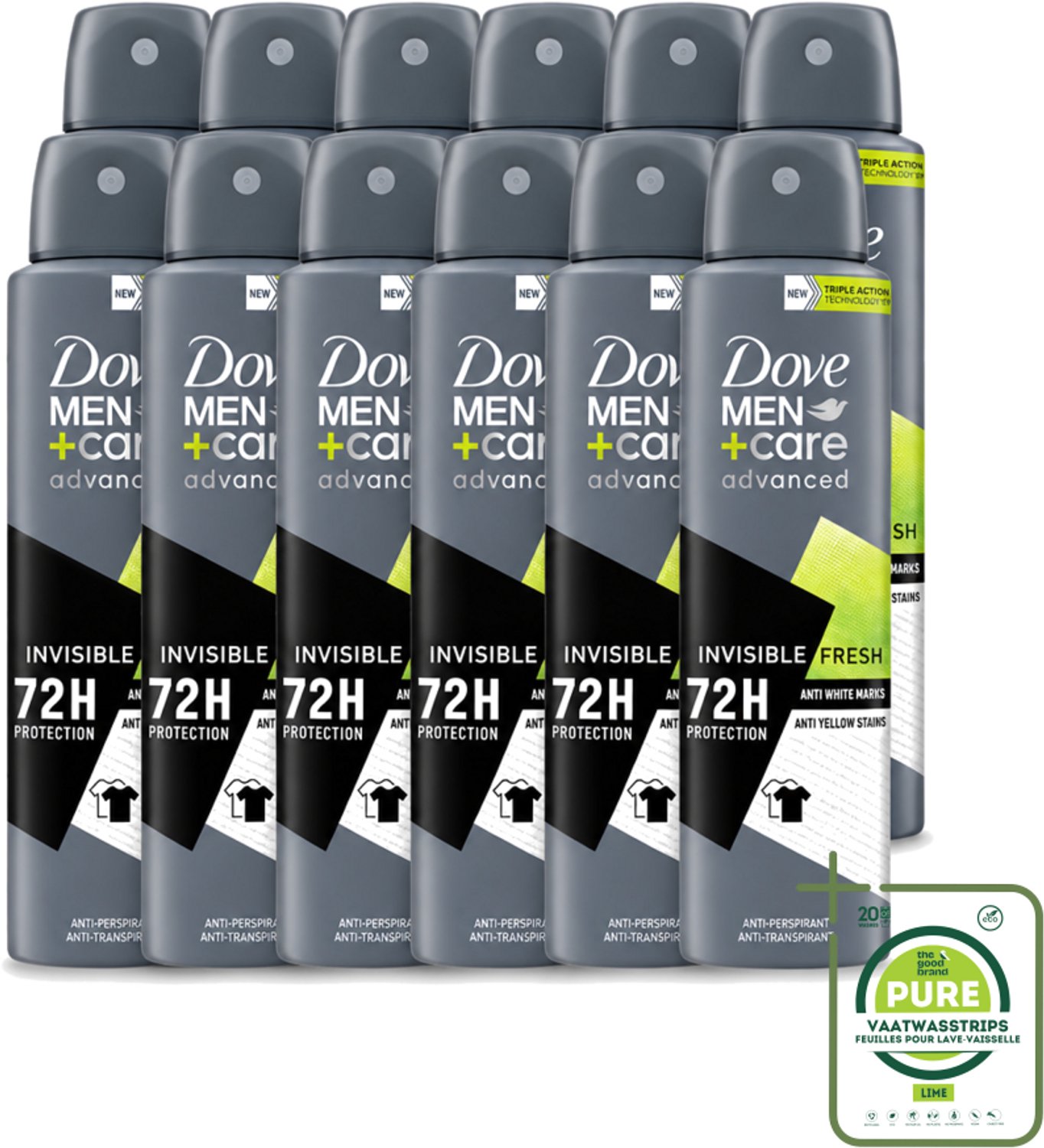 12 x Dove Men+Care – Deodorant Spray – Advanced Invisible Fresh – 150 ml - Grootverpakking - Vaatwasstrips - Deodorant Spray Voor Mannen - Frisheid Oksels - Geur Tegen Zweet - Zweetgeur Bestrijding - Verzorging Oksels