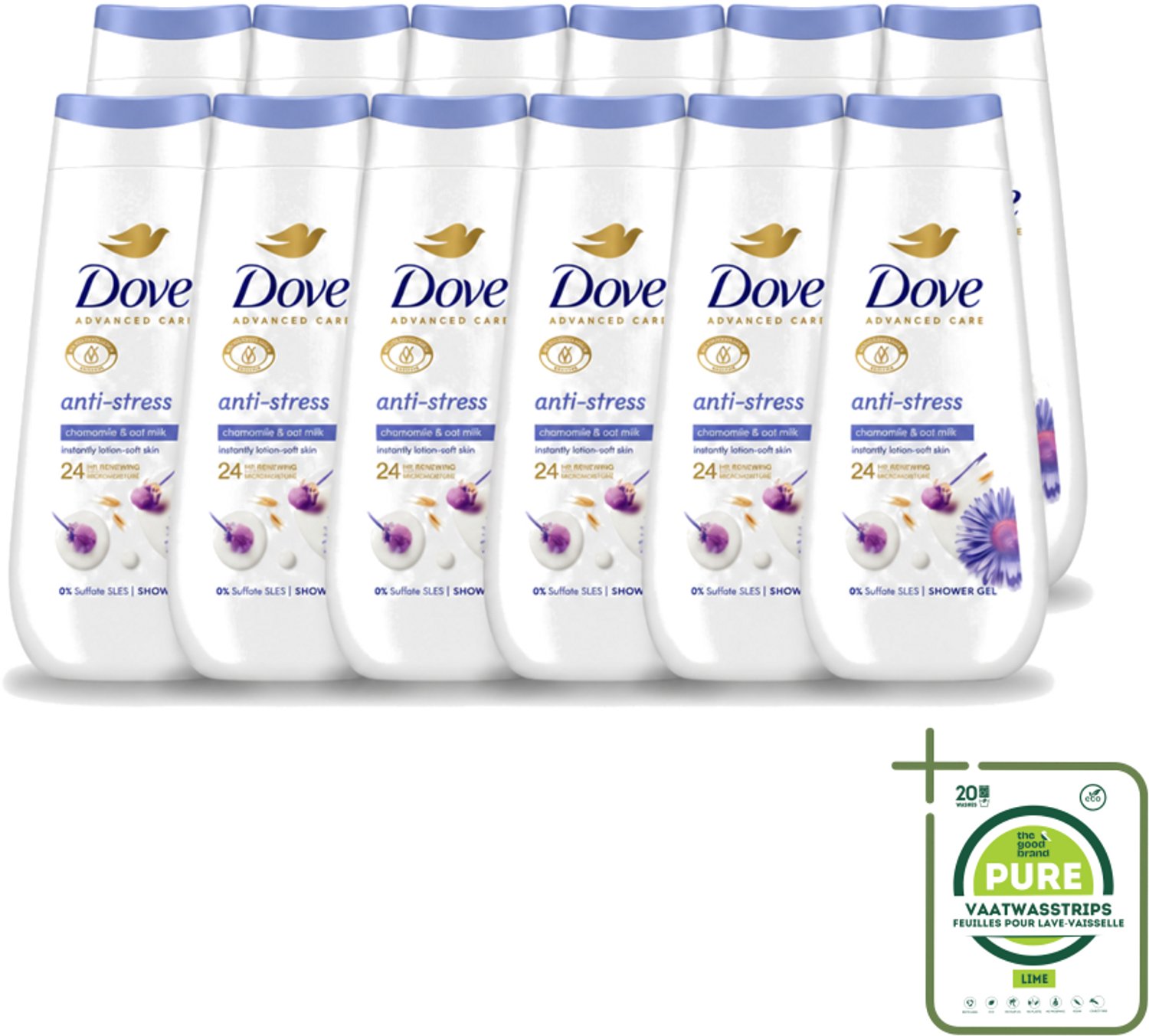 12 x Dove – Douchecrème – Anti-Stress – 225 ml - Grootverpakking - Vaatwasstrips - Douchecrème Anti-stress - Ontspannende Douchecrème - Droge Huid Verzorgen - Hydratatie - Blauwe Kamille
