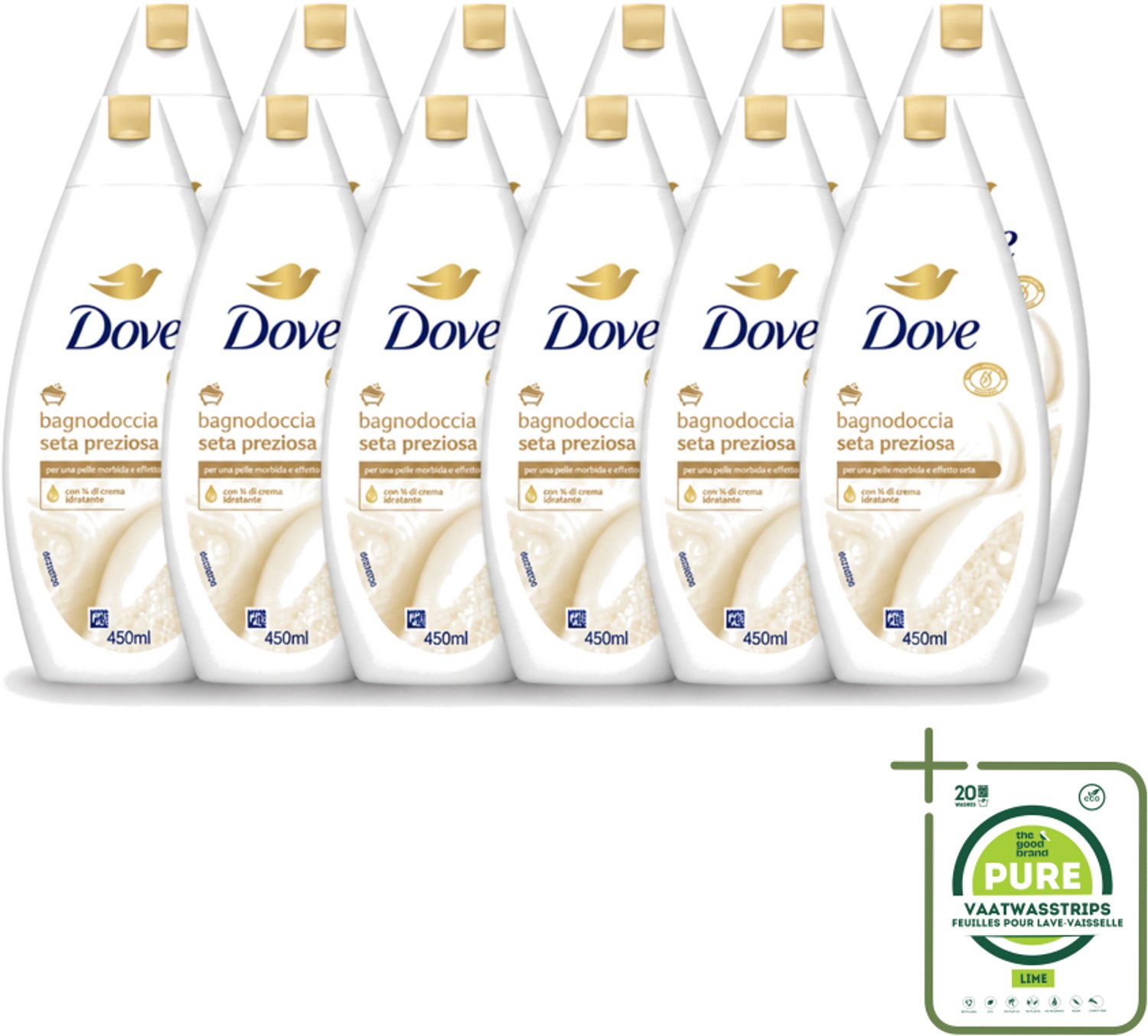 12 x Dove – Douchegel – Nourishing Silk – 450 ml - Grootverpakking - Vaatwasstrips - Douchegel Zijdezacht - Huid Verzorging - Schuim Douchegel - Mild Reinigen - Huid Comfortabel