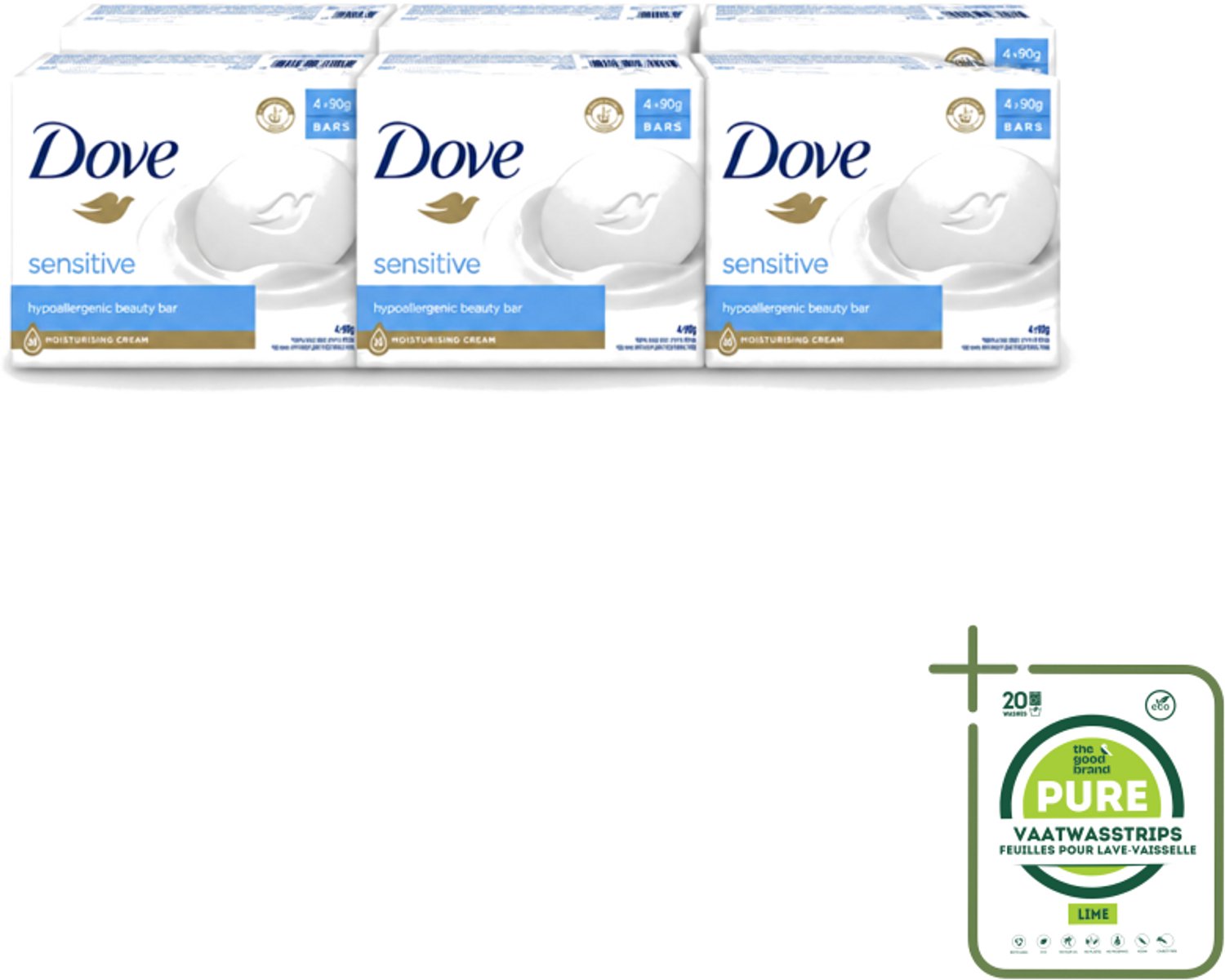 6 x Dove Zeep - Sensitive 4 x 90 gr. - Grootverpakking - Vaatwasstrips - Gevoelige Huid - Zachte Reiniging - Uitdroging Voorkomen - Huid Irritatie - Handen Reinigen