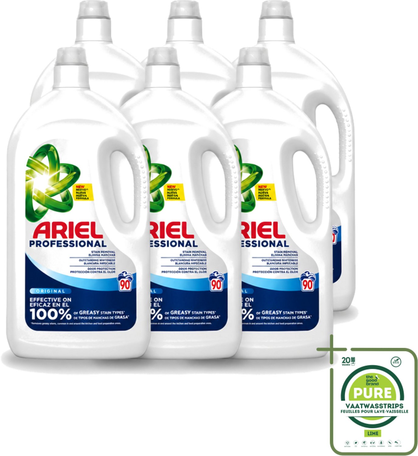 6 x Ariel – Vloeibaar Wasmiddel – Professional Regular - 90 wasbeurten - 4,05 L - Grootverpakking - Vaatwasstrips - Wasmiddel - Witte Was - Vlekken Verwijderen - Reiniging - Schone Was