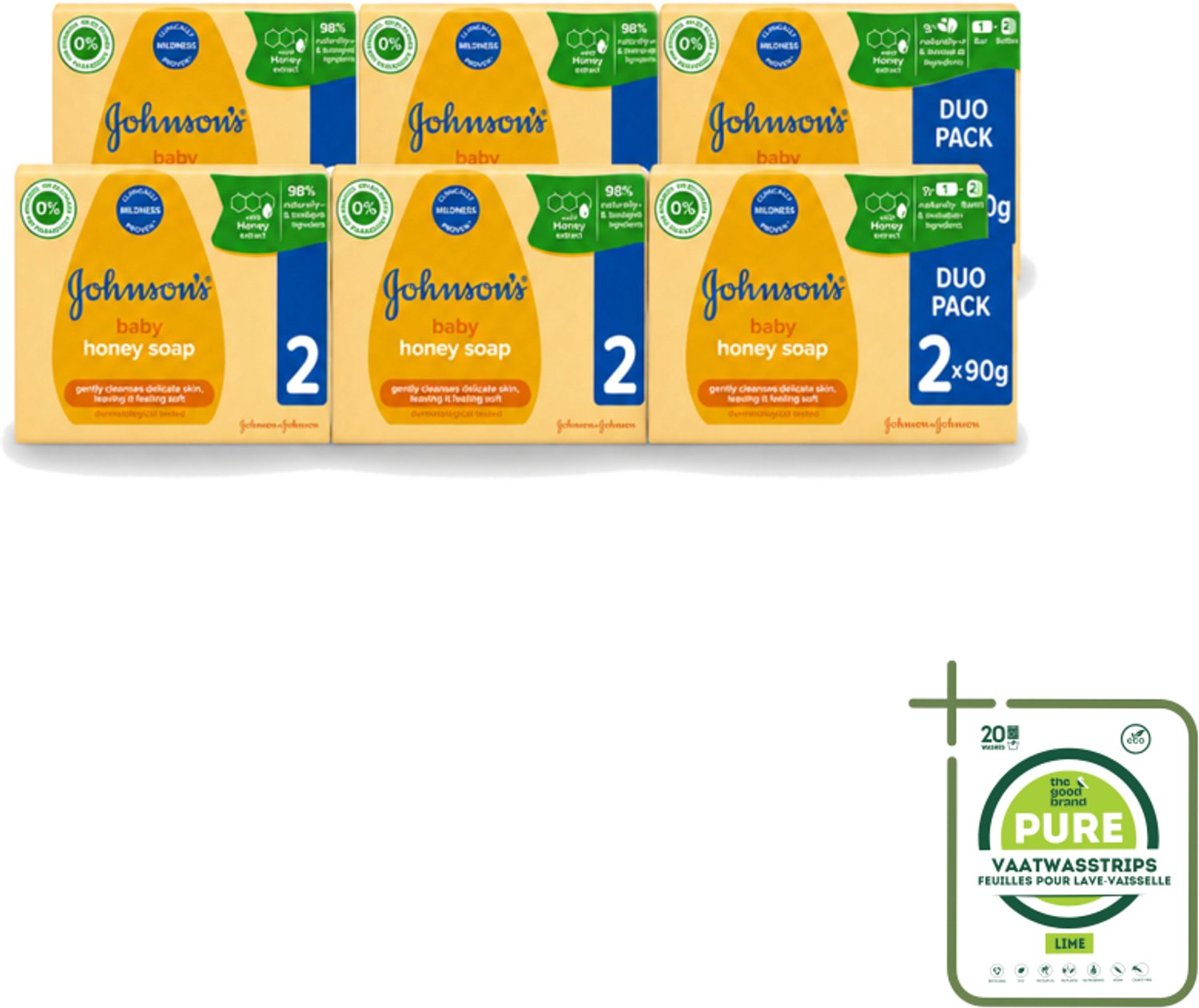 6 x Johnson's - Baby Honey Soap - Zacht - Reinigt Gevoelige Huid - 2 x 90 g - Grootverpakking - Vaatwasstrips - Babyhuid Reinigen - Honing Zeep - Gevoelige Huid - Zachte Zeep - Baby Zeep
