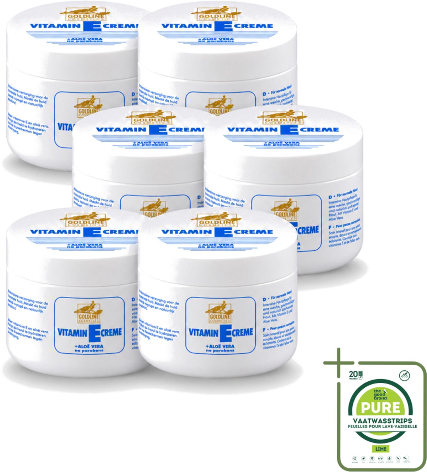 6 x Goldline - Bodycrème - Vitamine-E & Aloë Vera - Normale Huid - Hydraterend - 250 ml - Grootverpakking - Vaatwasstrips - Bodycrème - Vitamine E - Aloë Vera - Hydraterende Crème - Huid Verzorging