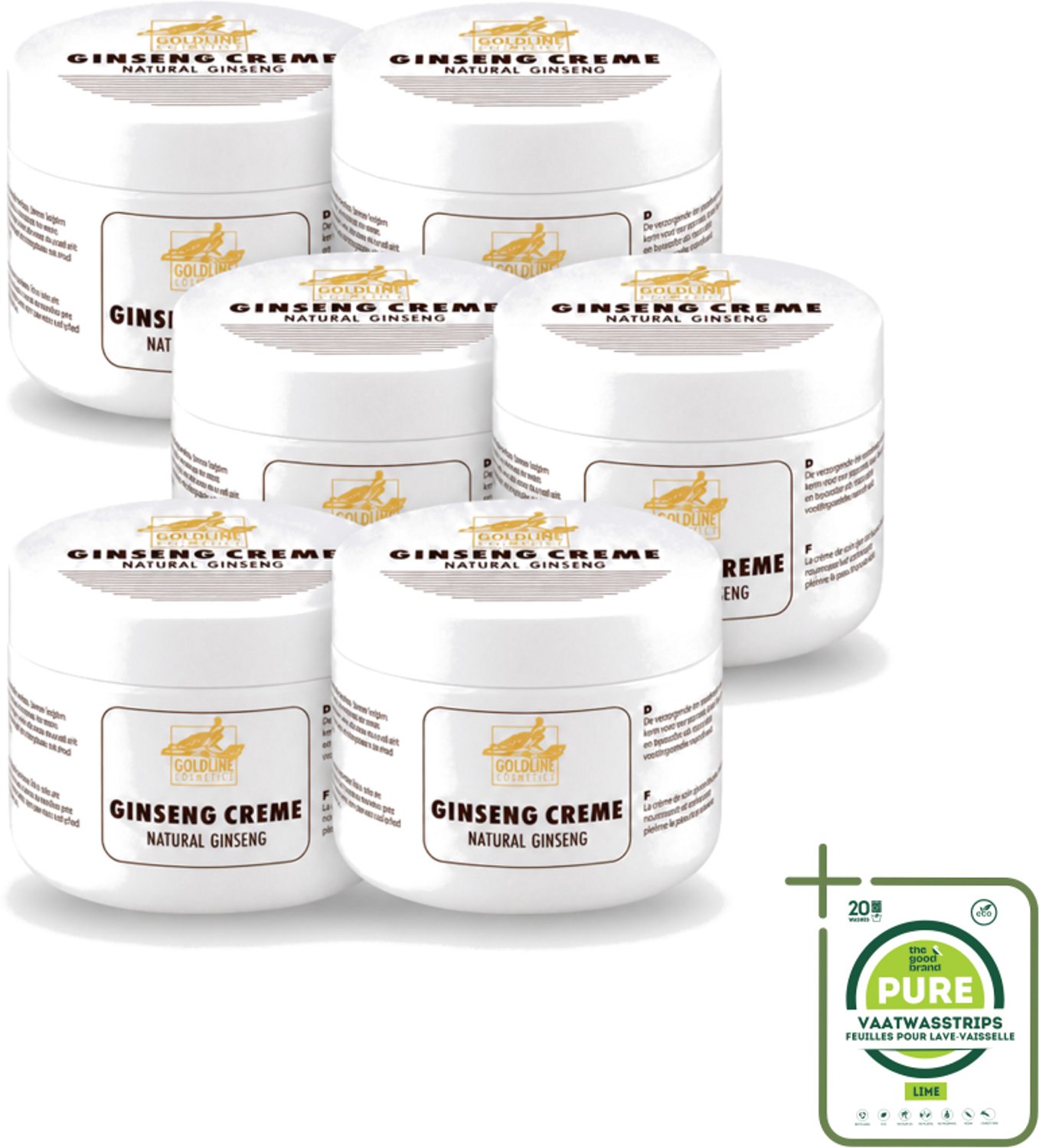 6 x Goldline - Bodycrème - Natural Ginseng - Verzorgend & Versterkend - 250 ml - Grootverpakking - Vaatwasstrips - Ginseng Crème - Huid Verzorging - Huid Versterken - Natuurlijke Crème - Hydratatie