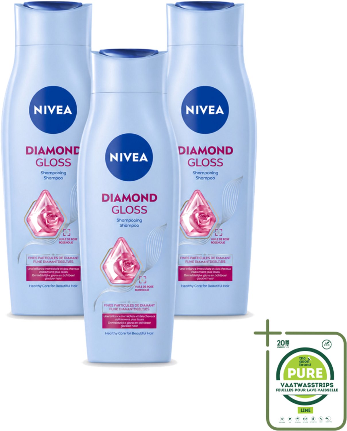 3 x Nivea - Shampoo - Diamond Gloss - 250 ml - Grootverpakking - Vaatwasstrips - Diamanten Glans - Haar Verzorging - Haar Glans - Haar Verzorging - Haar Sterkte