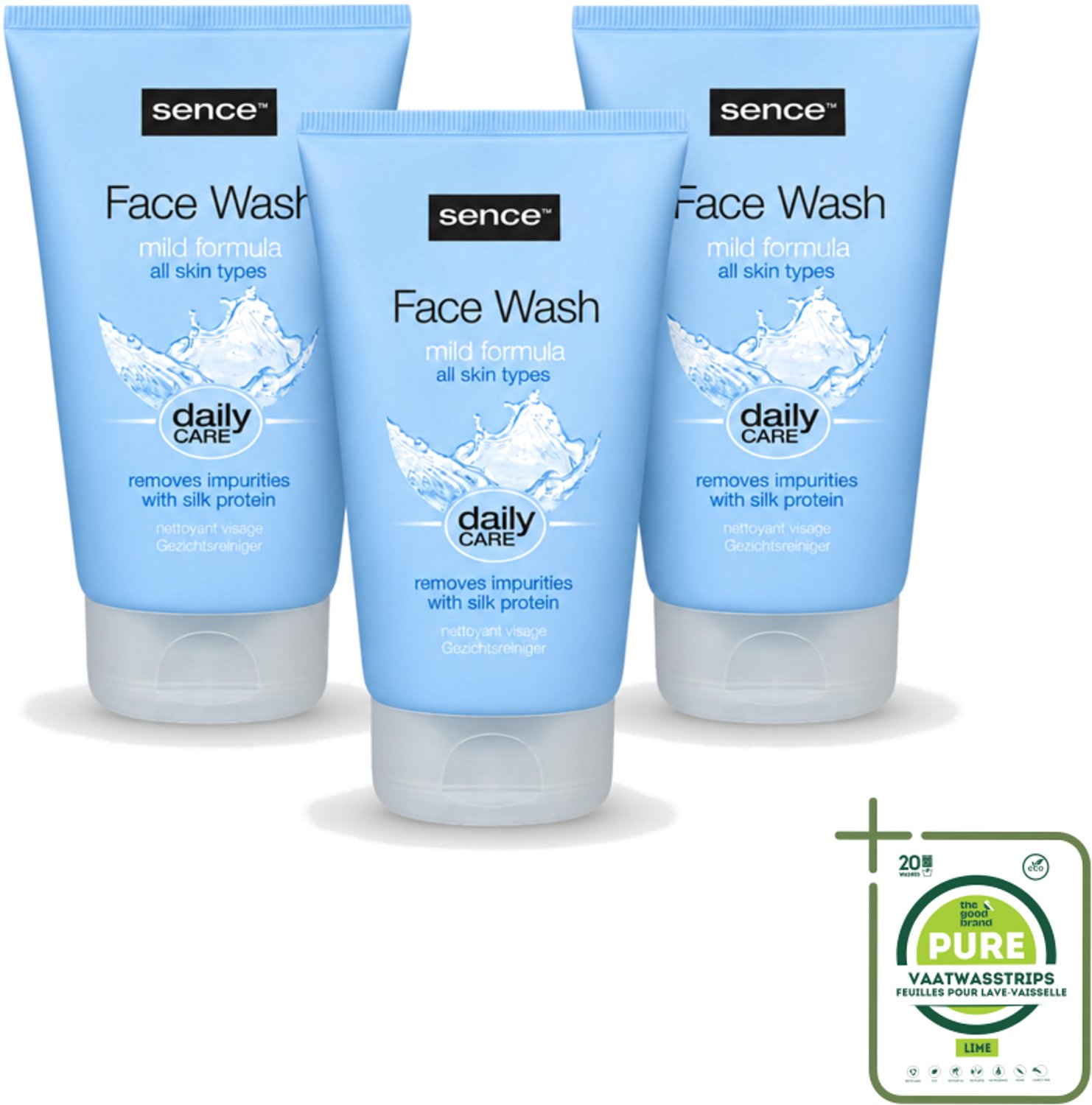3 x Sence - Alle Huidtypes - Face Wash - Verfrissend - 150 ml - Grootverpakking - Vaatwasstrips - Face Wash - Huid Reinigen - Huid Verzorgen - Huid Verfrissen - Zijdeproteïne