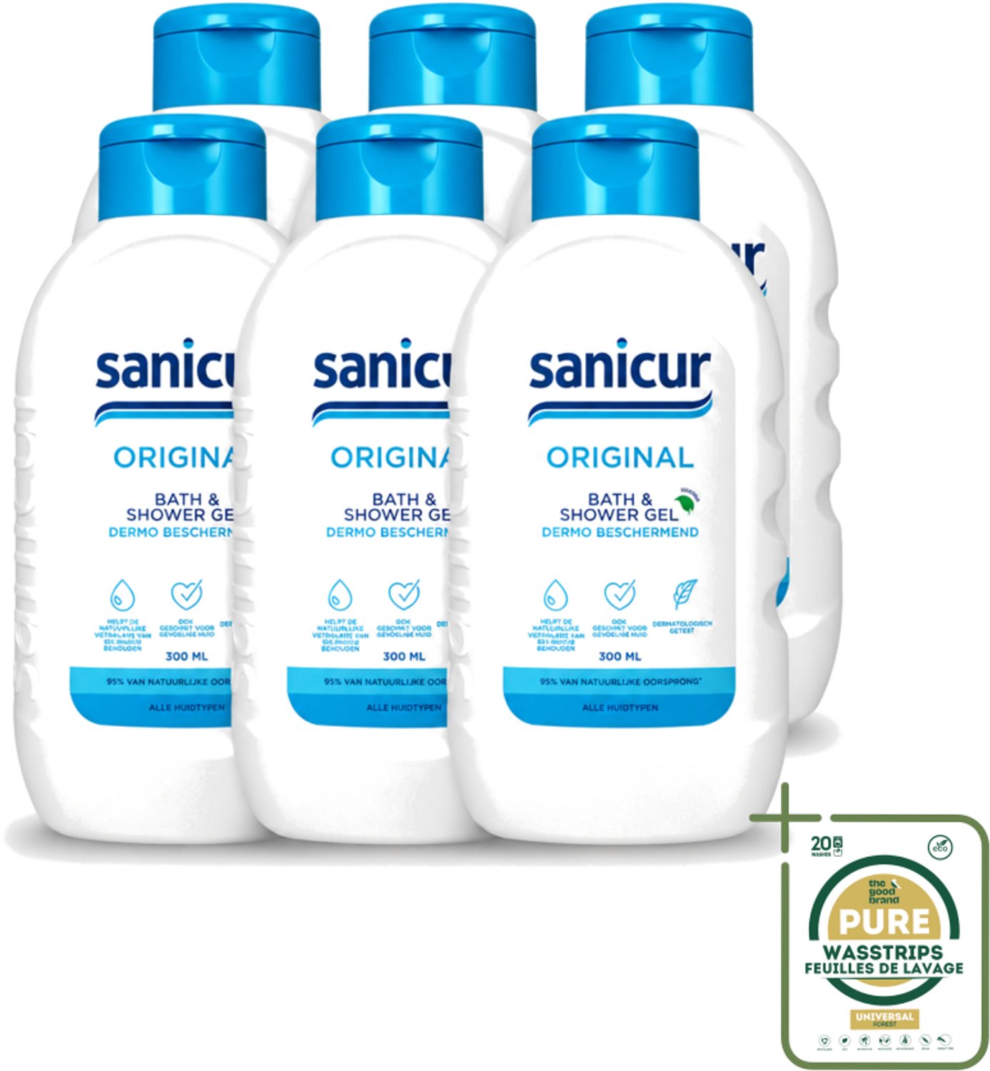 6 x Sanicur – Bad & Douchegel – Original – 300 ml - Wasstrips - Bad En Douchegel - Milde Reiniging - Hydraterende Badgels - Huidverzorging - Gevoelige Huid