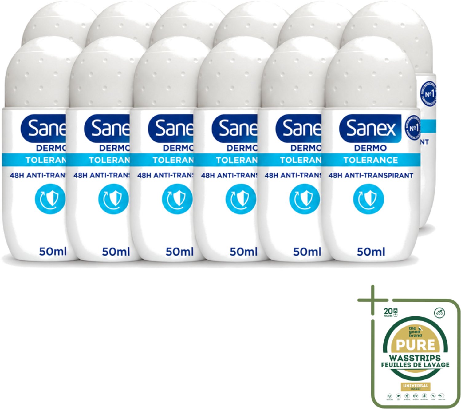 12 x Sanex – Deo Roll-on – Dermo Tolerance – 50 ml - Wasstrips - Gevoelige Huid - Intolerante Huid - Hypoallergene Deodorant - Huidverdraagzaamheid - Geurcontrole
