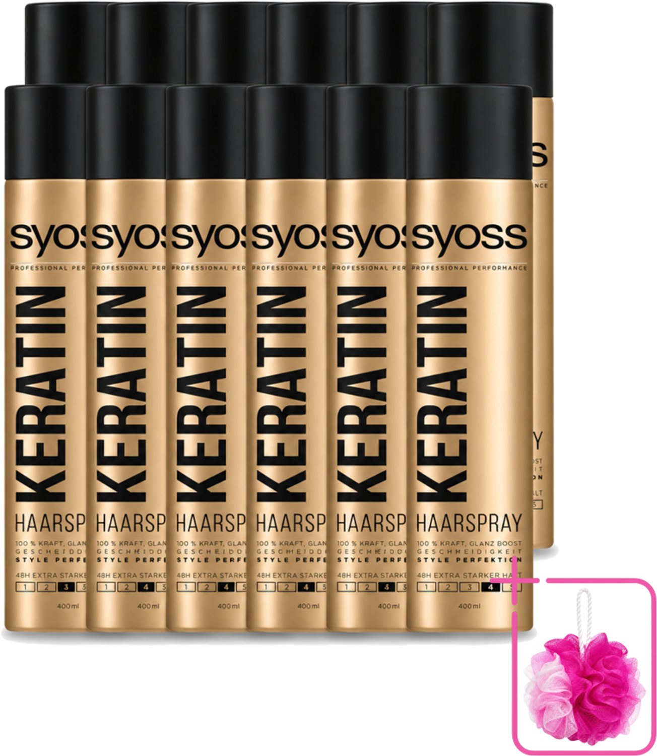 12 x Syoss – Haarspray – Keratin Hold 4 – 400 ml - Bulkverpakking - Haarspray - Douchemop - Keratine