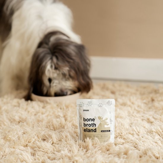 Een hond eet uit een kom op een fluffy kleed, met een zakje SPARK bone broth eland ernaast.