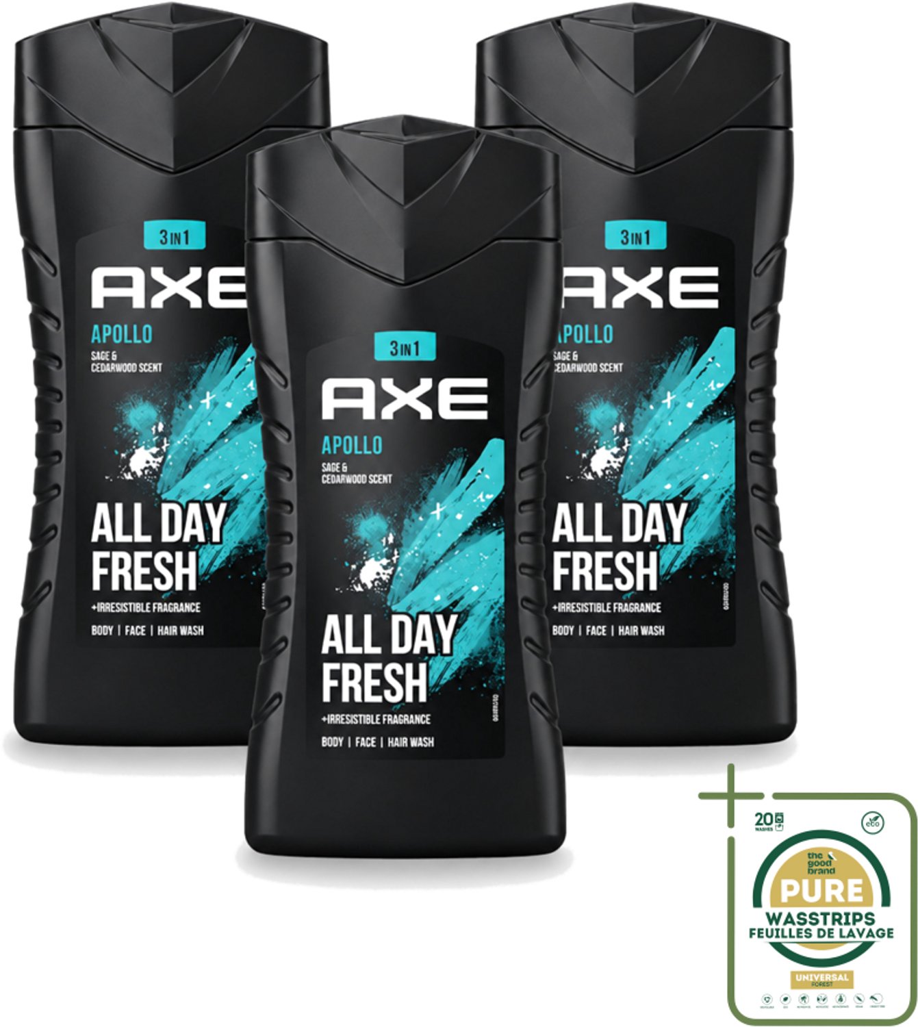 3 x Axe - 3-in-1 Douchegel - Apollo - Sage & Cedarwood - 250 ml - Wasstrips - Douchegel - Mannelijke Geur - 3-in-1 - Lichaam En Gezicht - Gezicht En Haar