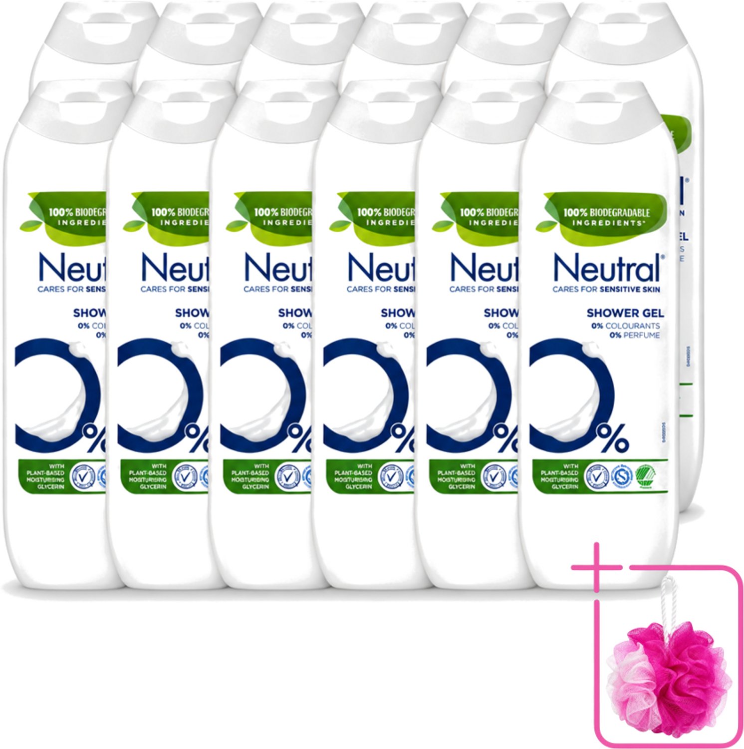 12 x Neutral – Douchegel – Parfumvrij – 250 ml - Bulkverpakking - Gevoelige huid - Douchemop - Douchegel