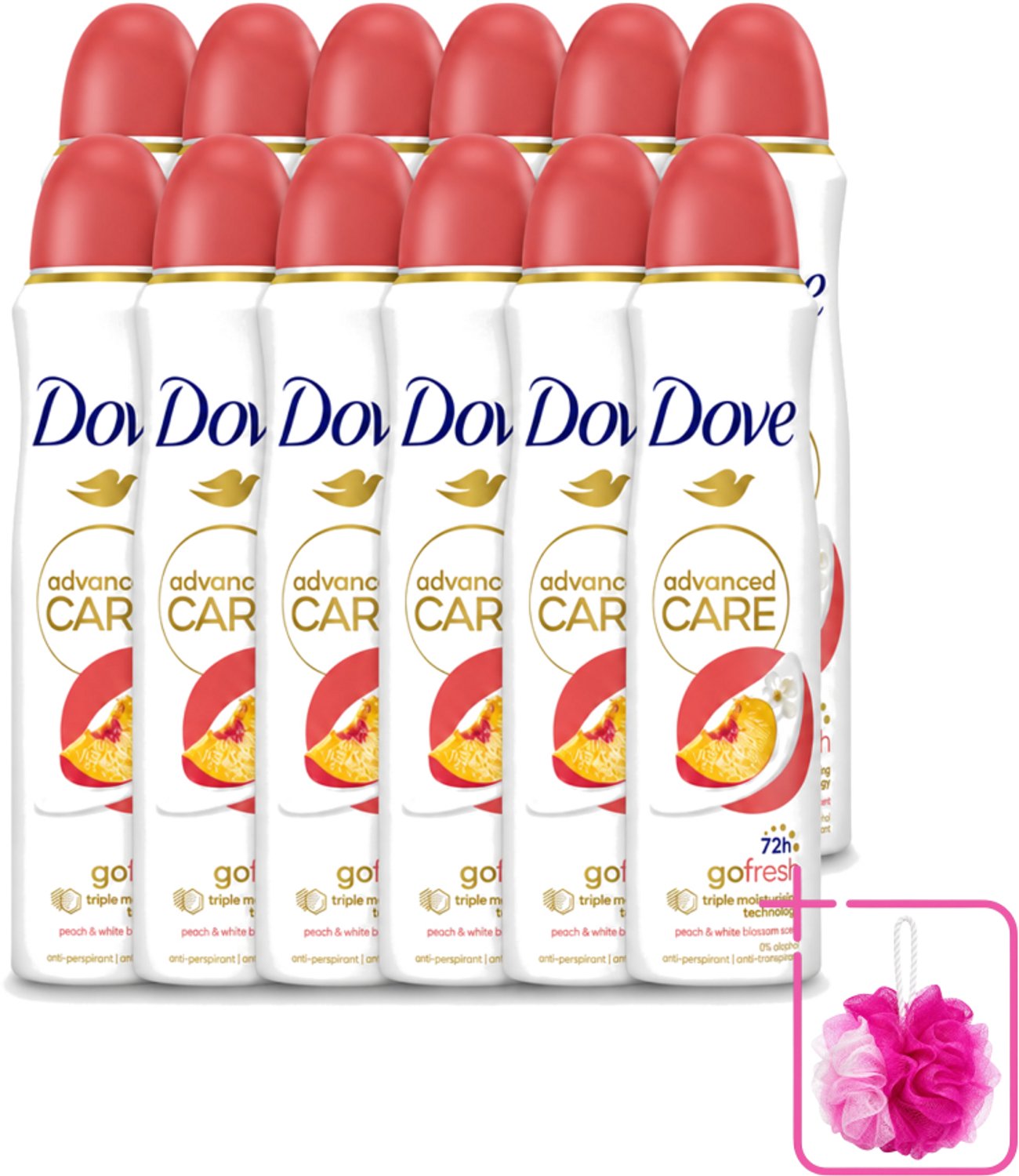 12 x Dove – Deodorant Spray – Peach & White Blossom – 150 ml - Bulkverpakking - Deodorant spray - Douchemop - Fris