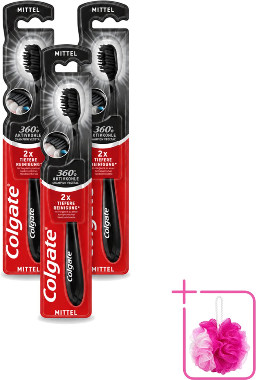 3 x Colgate - Tandenborstel - Charcoal Black 360 Medium - Zwart - 1 Tandenborstel - Bulkverpakking - Tandenborstel houtskool - Tandenborstel 360°
