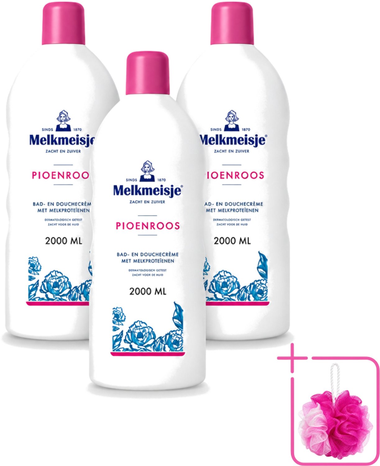 3 x Melkmeisje - Bad & Douche - Pioenroos Geur - Verzorgend & Hydraterend - 2000 ml - Bulkverpakking - Douchecrème - Douchemop - Melkmeisje