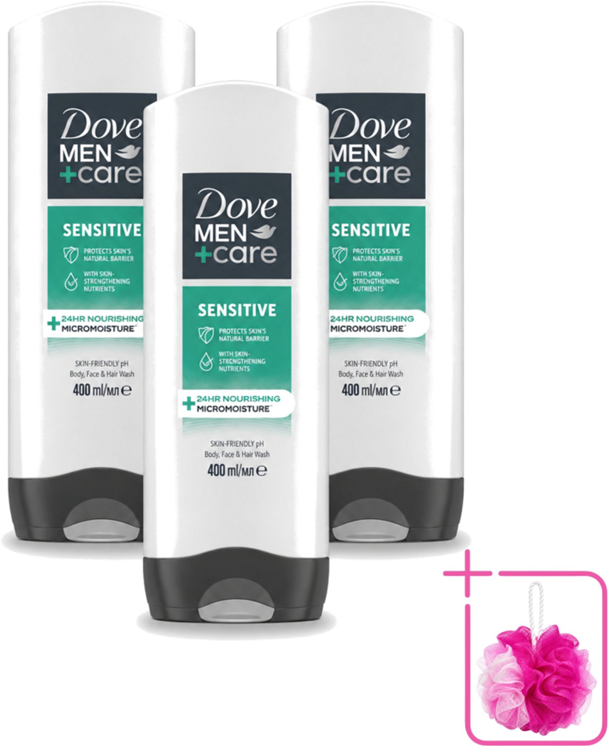 3 x Dove - Shower Gel - 3-in-1 - Men Care Sensitive - Verfrissend en zacht - 400 ml - Bulkverpakking - Douchegel voor mannen - Douchemop - Gevoelige huid