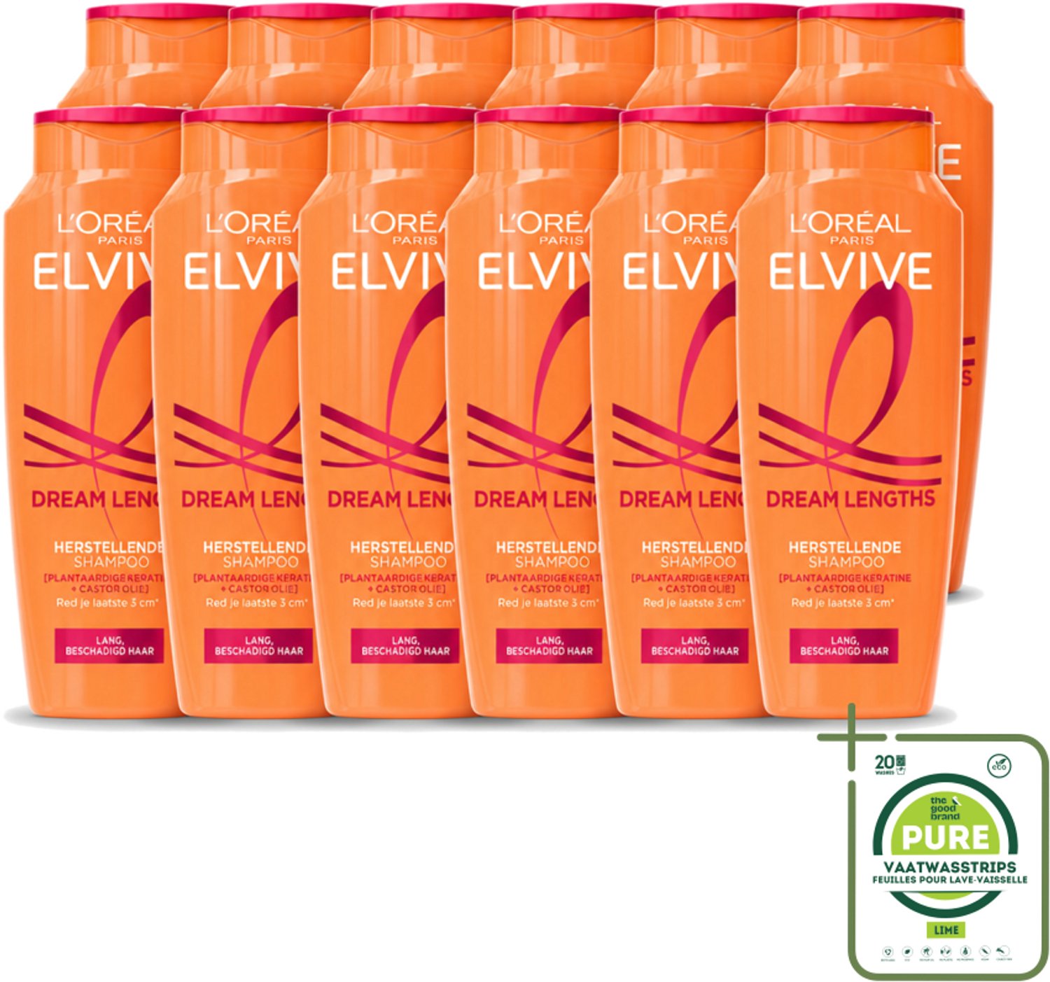 12 x L'Oréal Paris Elvive - Shampoo - Dream Lengths - Voor Lang, Beschadigd Haar - 250 ml - Grootverpakking - Vaatwasstrips - Lang Haar - Beschadigd Haar - Haar Herstellen - Haar Verzegelen - Keratine Shampoo