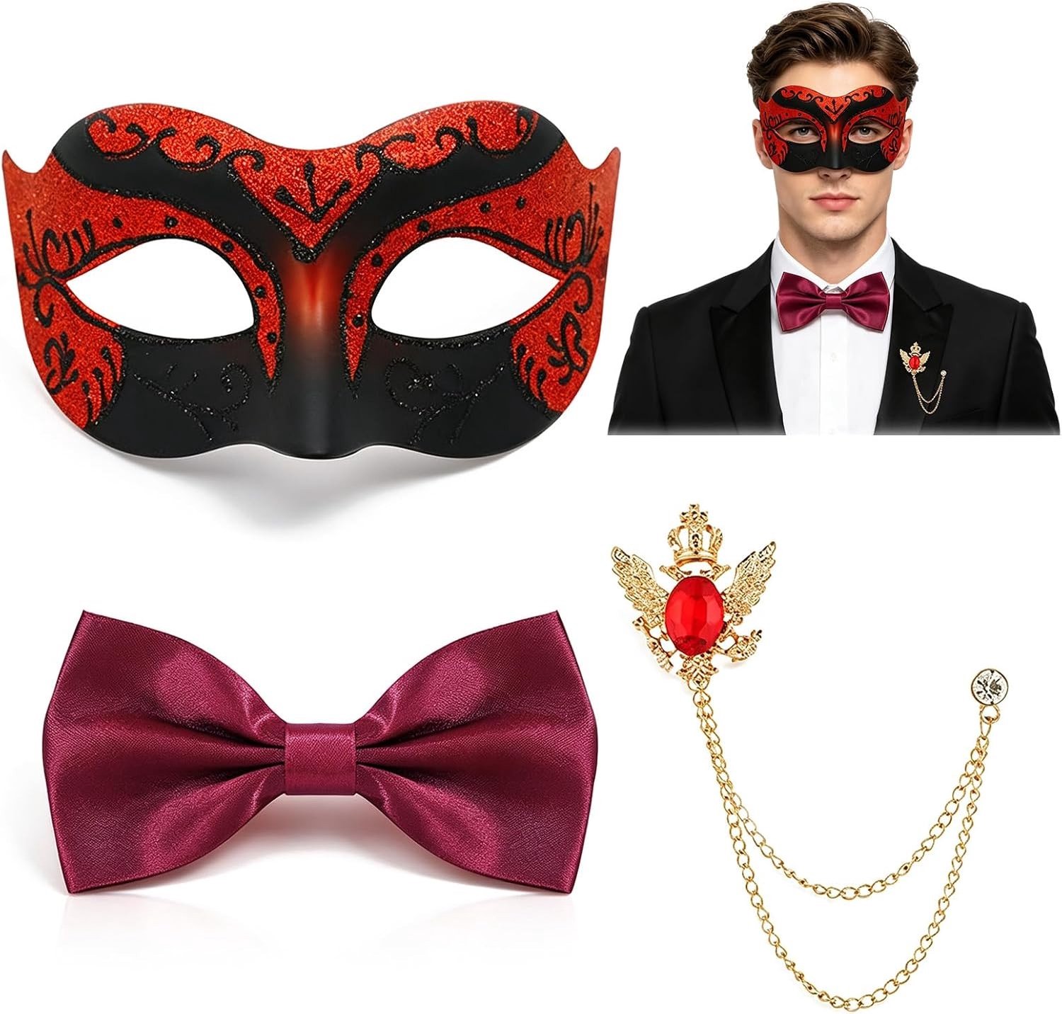 Venetiaans Masker - Rood - 9 x 17 cm - Polyester met Vlinderdas en Broche - Voor Heren
