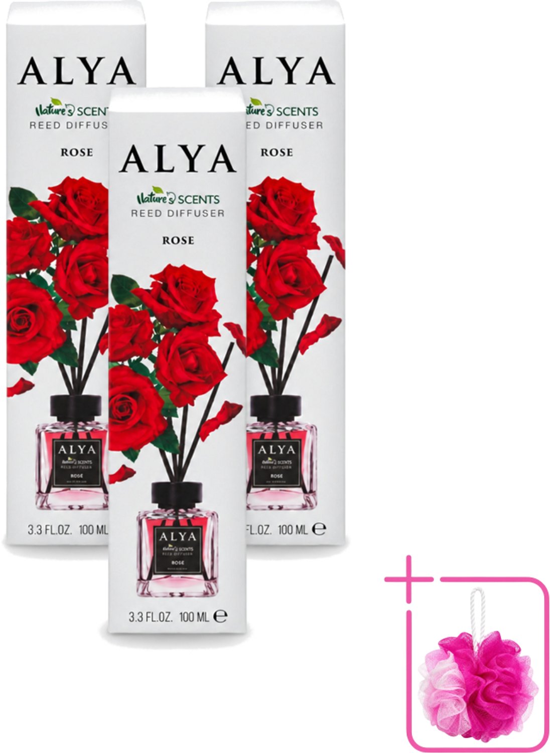 3 x Alya – Geurdiffuser – Rose – Interieurparfum - Bulkverpakking - Geurstokjes - Douchemop - Geur