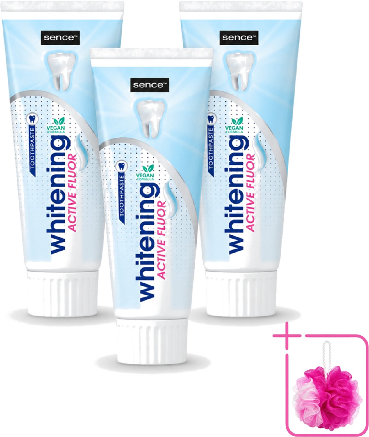 3 x Sence - Whitening - Tandpasta - Met Fluor - 75 ml - Bulkverpakking - Witte tanden - Douchemop - Tandpasta
