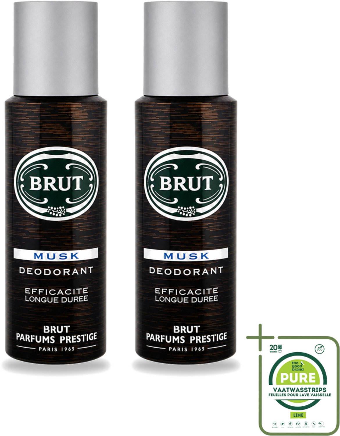 2 x Brut - Deodorant - Spray - Musk - Klassieke mannengeur - 200ml - Grootverpakking - Vaatwasstrips - Deodorant Spray - Muskus Geur - Mannelijke Geur - Lichaamsgeur Bescherming - Frisheid