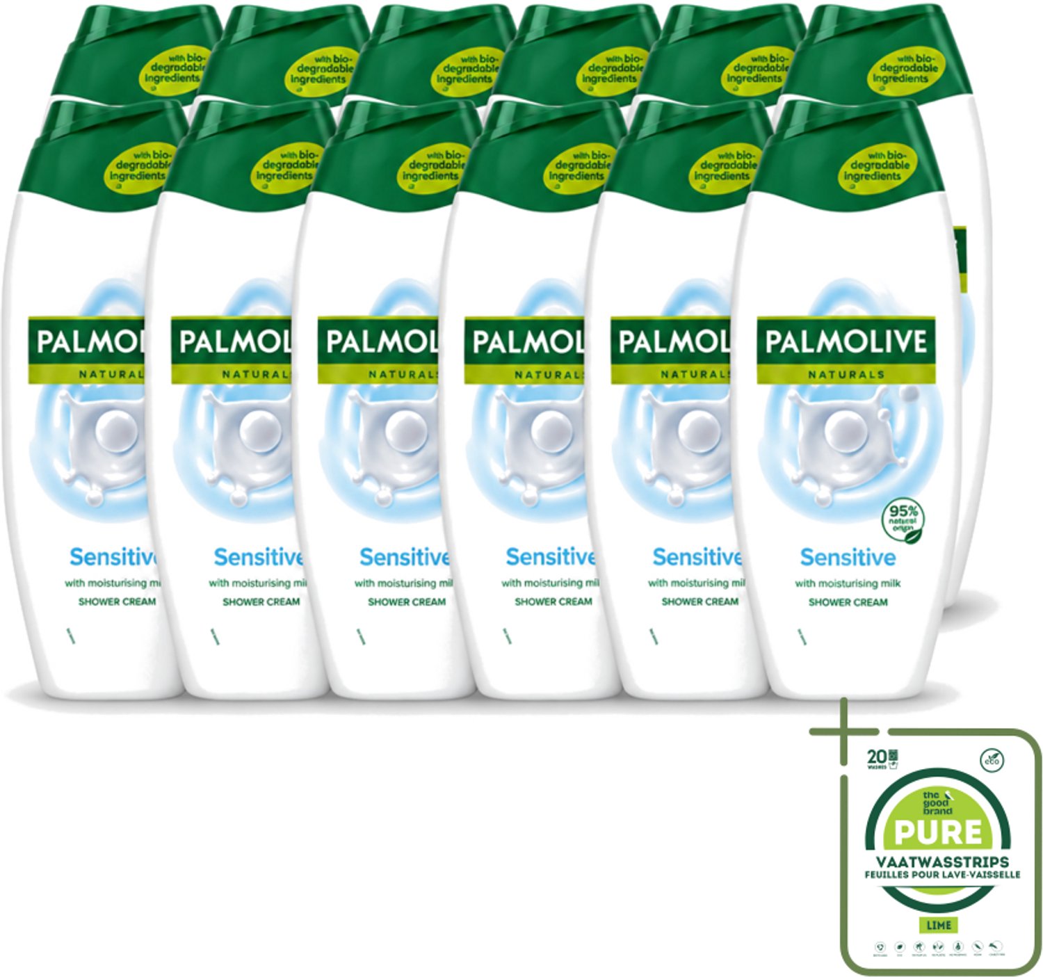 12 x Palmolive Naturals - Douchegel - Sensitive - Voor Gevoelige Huid - 500 ml - Grootverpakking - Vaatwasstrips - Douchegel Gevoelige Huid - Melkproteïnen - Zachte Reiniging - Huidverzorging - Dermatologisch Getest