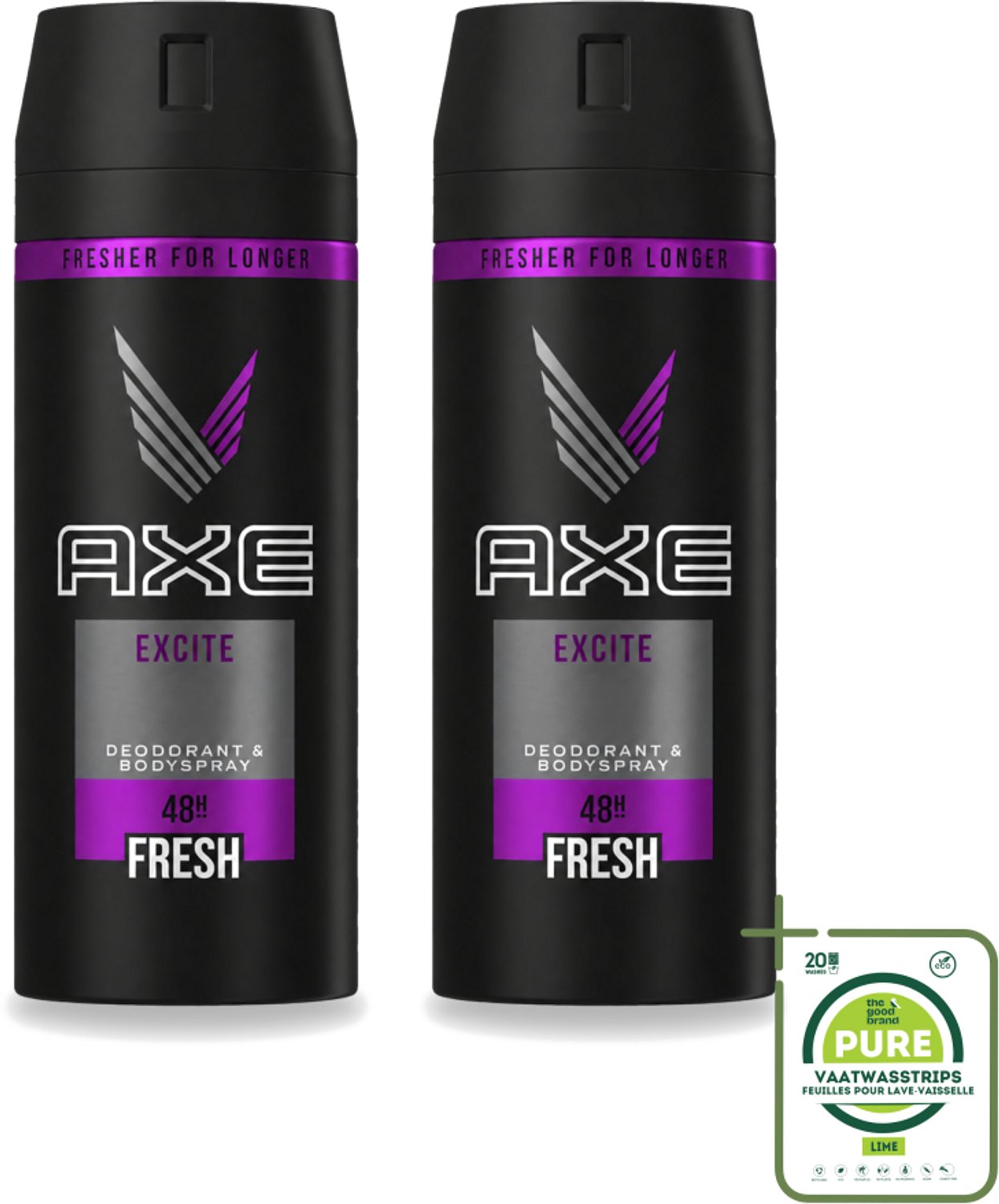 2 x Axe - Deodorant Bodyspray - 48hrs Fresh - Excite - 150 ml - Grootverpakking - Vaatwasstrips - Deodorant - Bodyspray - Geur - Lichaamsgeur - Axe Excite