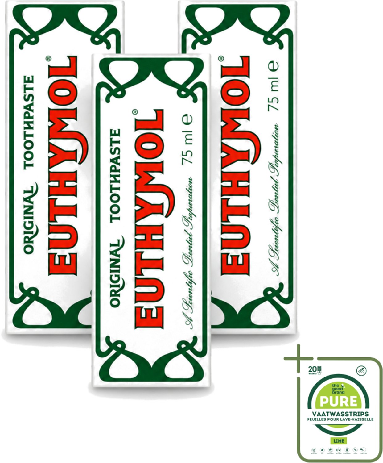 3 x Euthymol – Tandpasta – Original Dentifrice – 75 ml - Grootverpakking - Vaatwasstrips - Tandpasta - Thymol - Fluoridevrij - Mondhygiëne - Tanden Reinigen