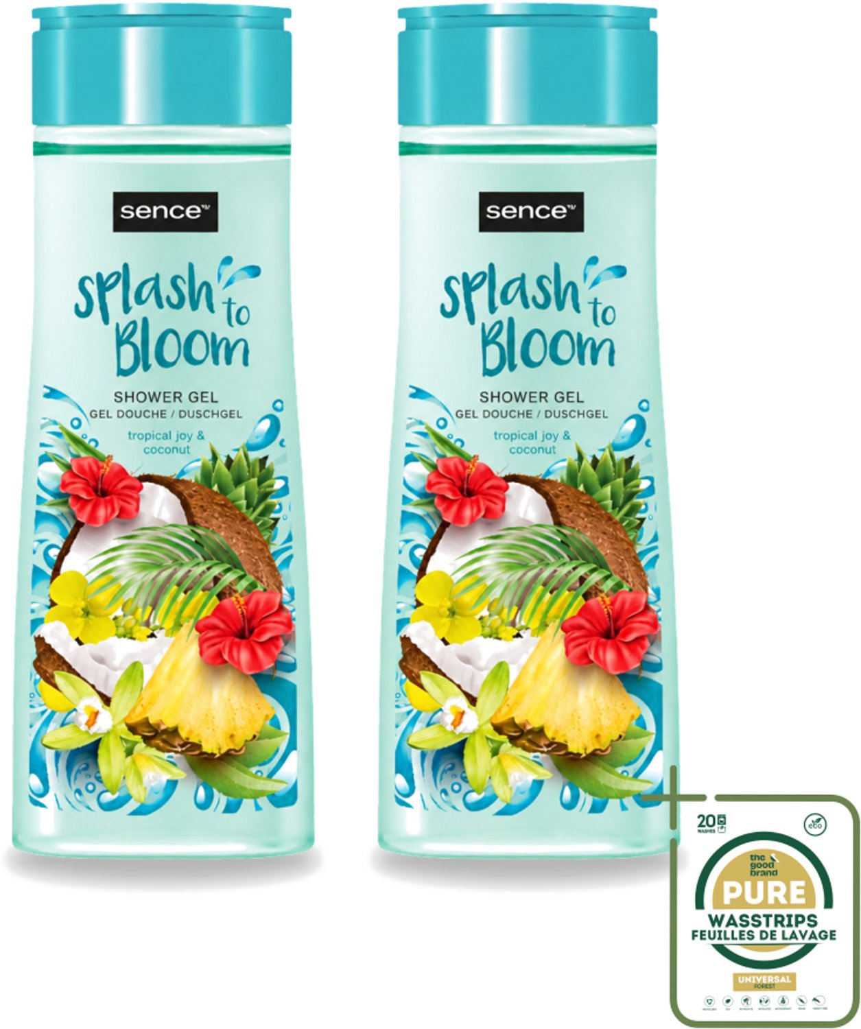 2 x Sence - Tropical Joy & Coconut - Douchegel - Exotisch - 300 ml - Wasstrips - Douchegel - Kokos - Tropisch Fruit - Exotische Geur - Huidverzorging