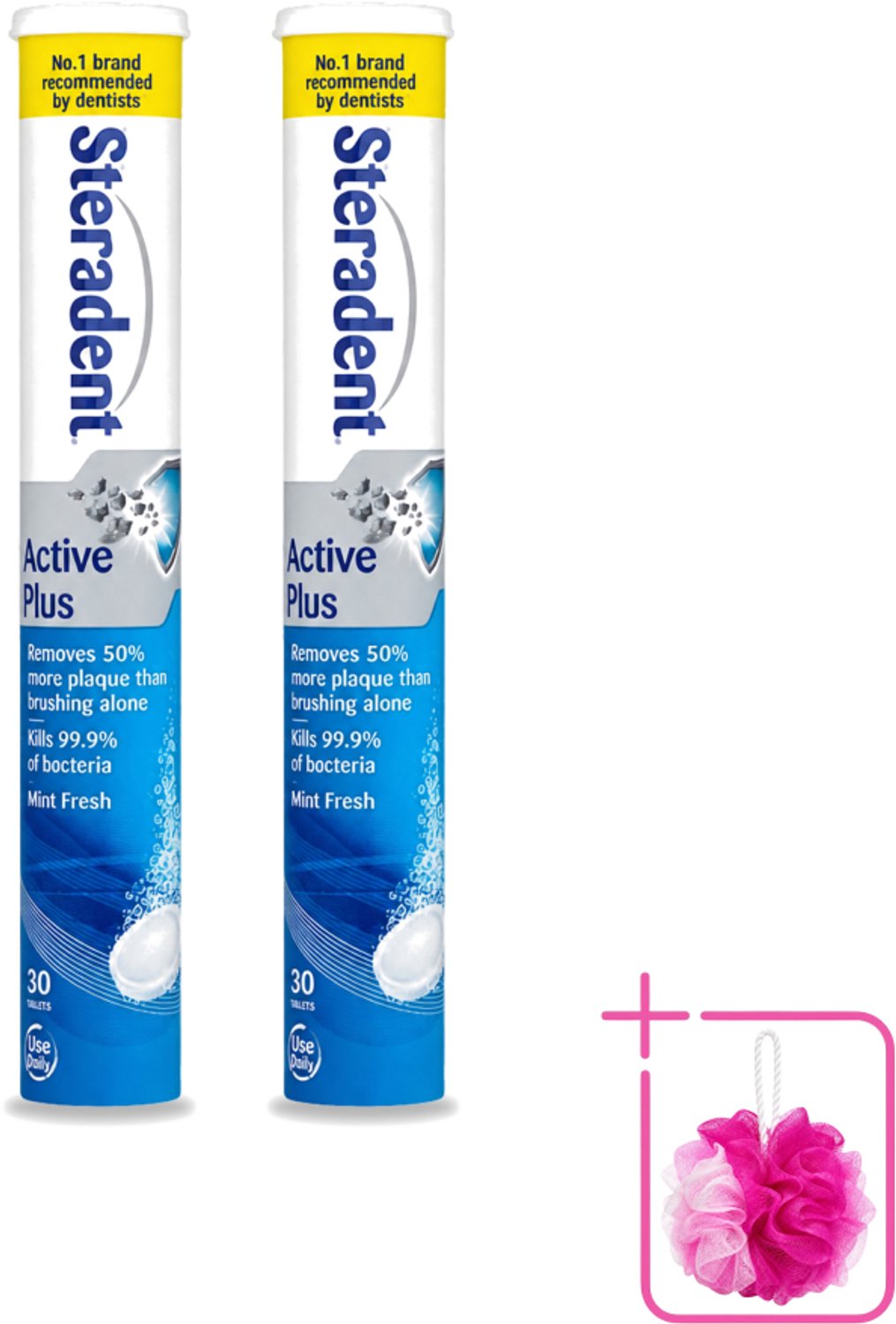 2 x Steradent - Reinigingstabletten - Active Plus - Tegen Tandsteen & Bacteriën - 30 Tabletten - Bulkverpakking - Kunstgebit reinigen - Douchemop - Tandsteen verwijderen