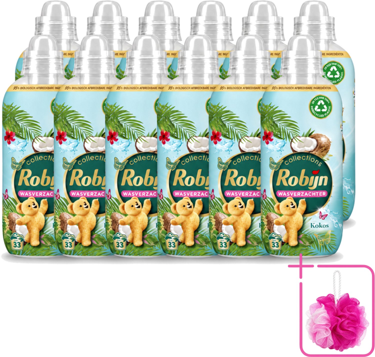 12 x Robijn - Kokos Sensation - Wasverzachter - Tropische Geur - 33 Wasbeurten - 825 ml - Bulkverpakking - Wasverzachter - Douchemop - Kokosgeur
