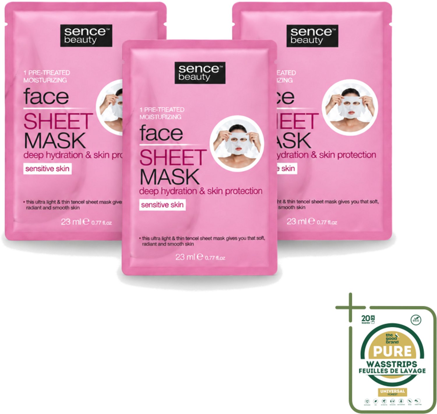 3 x Sence - Tencel - Gezichtsmasker - Hydraterend - 1 Gezichtsmasker - Wasstrips - Gezichtsmasker - Hydraterend Masker - Tencel Masker - Hyaluronzuur Masker - Menthol Masker