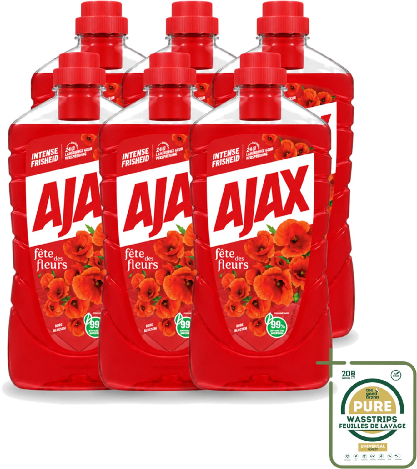 6 x Ajax - Allesreiniger - Fête des Fleurs - Intense Frisheid - Langdurige Geurverspreiding - 1 L - Wasstrips - Allesreiniger - Reinigingsmiddel - Frisheid - Geur - Natuurlijke Reiniging