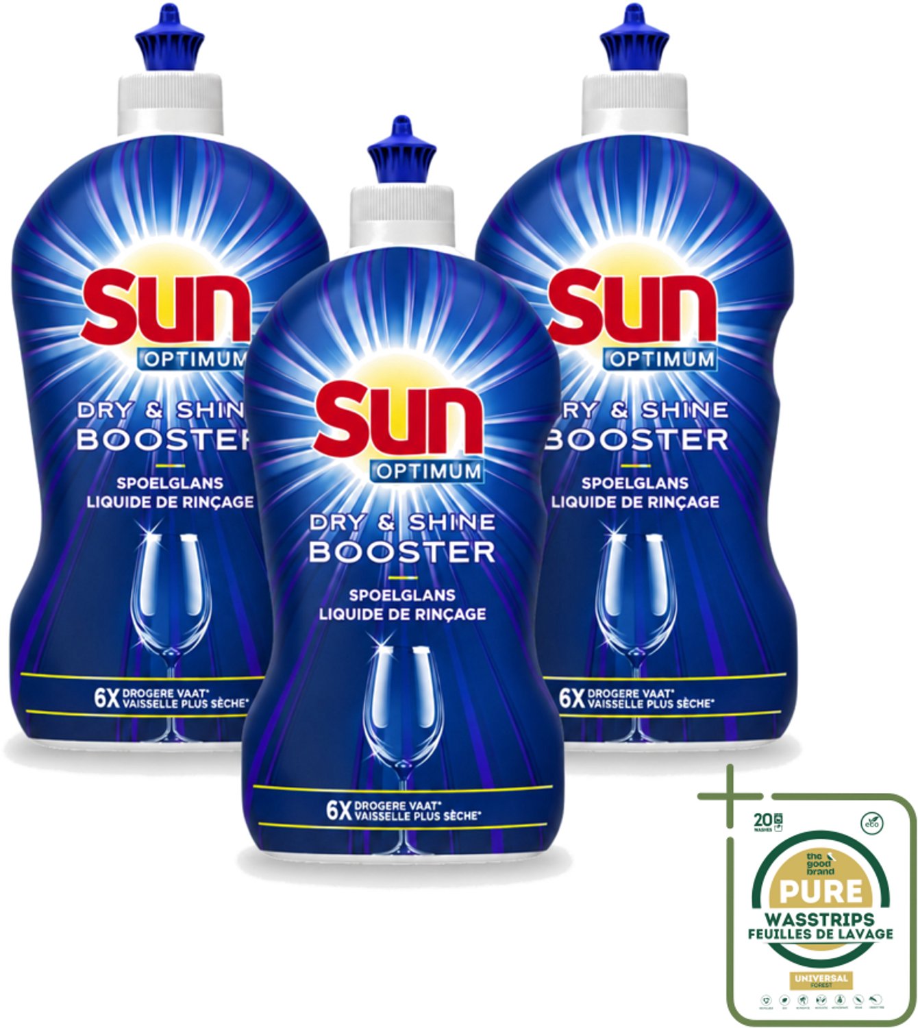 3 x Sun - Shine & Dry Booster - Spoelglans - 450 ml - Wasstrips - Spoelglans - Vaatwasmachine - Snellere Droging - Streeploze Afwerking - Glanzend Resultaat
