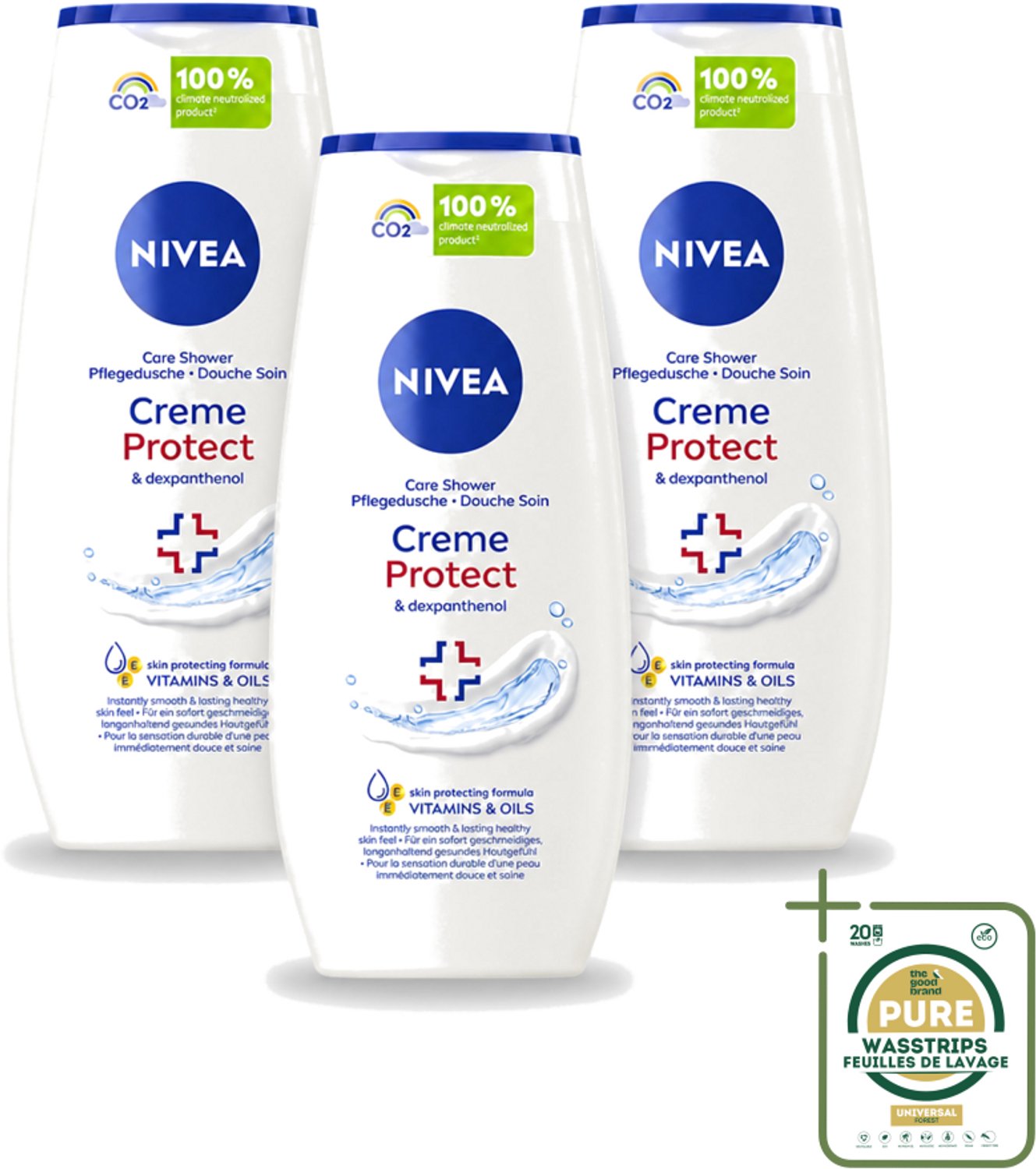 3 x Nivea - Douchegel - Crème Protect & Dexpantenol - Unieke Nivea Crème Geur - 250 ml - Wasstrips - Douchegel - Huidverzorging - Vitamine C - Vitamine E - Dexpanthenol