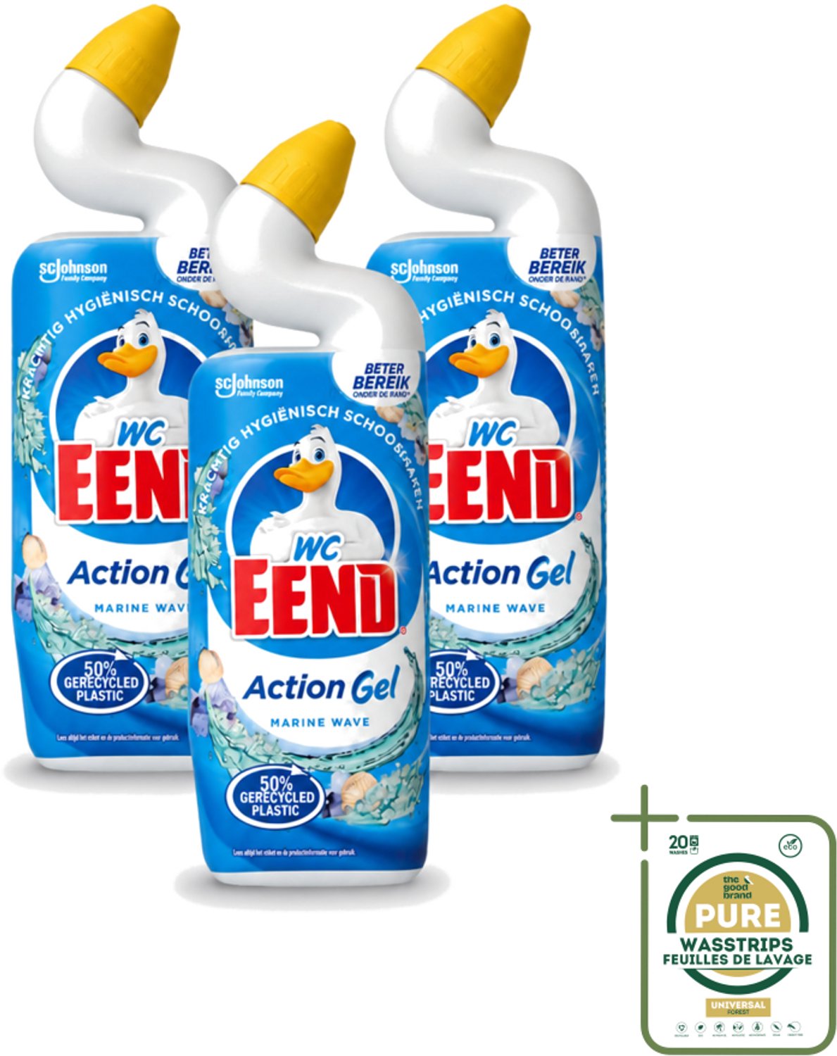 3 x WC Eend – Toiletgel – Action Gel Marine Wave – 750 ml - Wasstrips - Toiletreiniger - Toiletgel - Marine Wave - Toilet Reinigen - Kalkaanslag Verwijderen